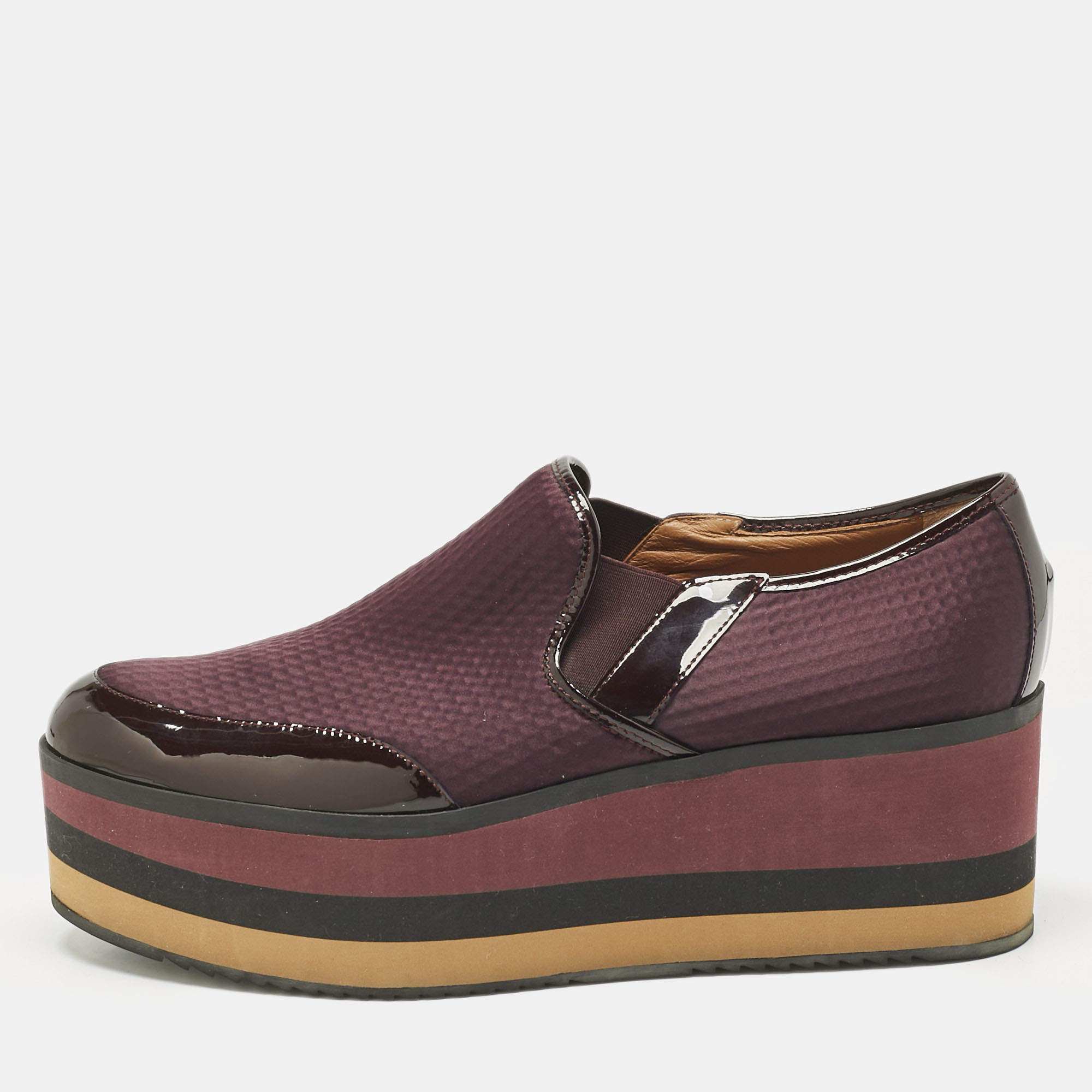 Pre Owned Fendi Burgundy Patent Leather and Canvas Platform Slip On Sneakers Size 39