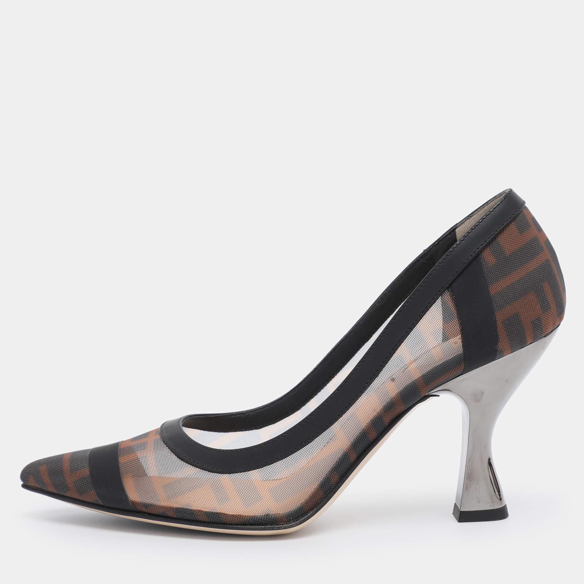 Pre Owned Fendi Brown/Black Zucca Mesh and Leather Colibri Pumps Size 38