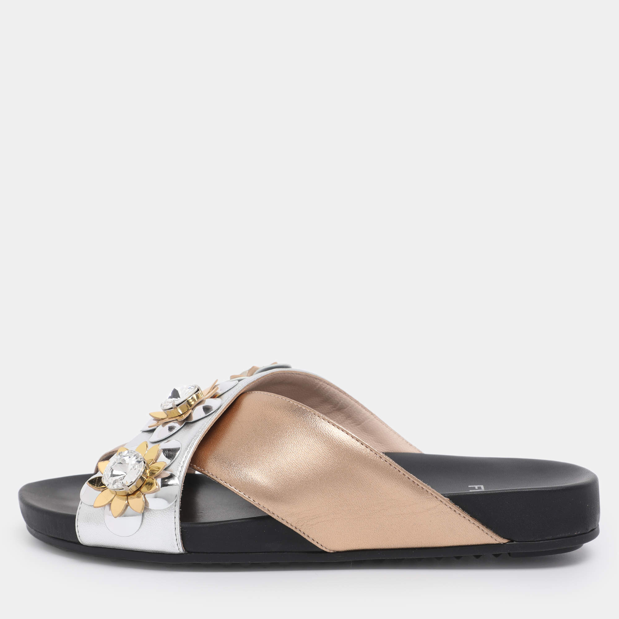 Pre Owned Fendi Gold/Silver Leather Crisscross Flowerland Slide Flats Size 36