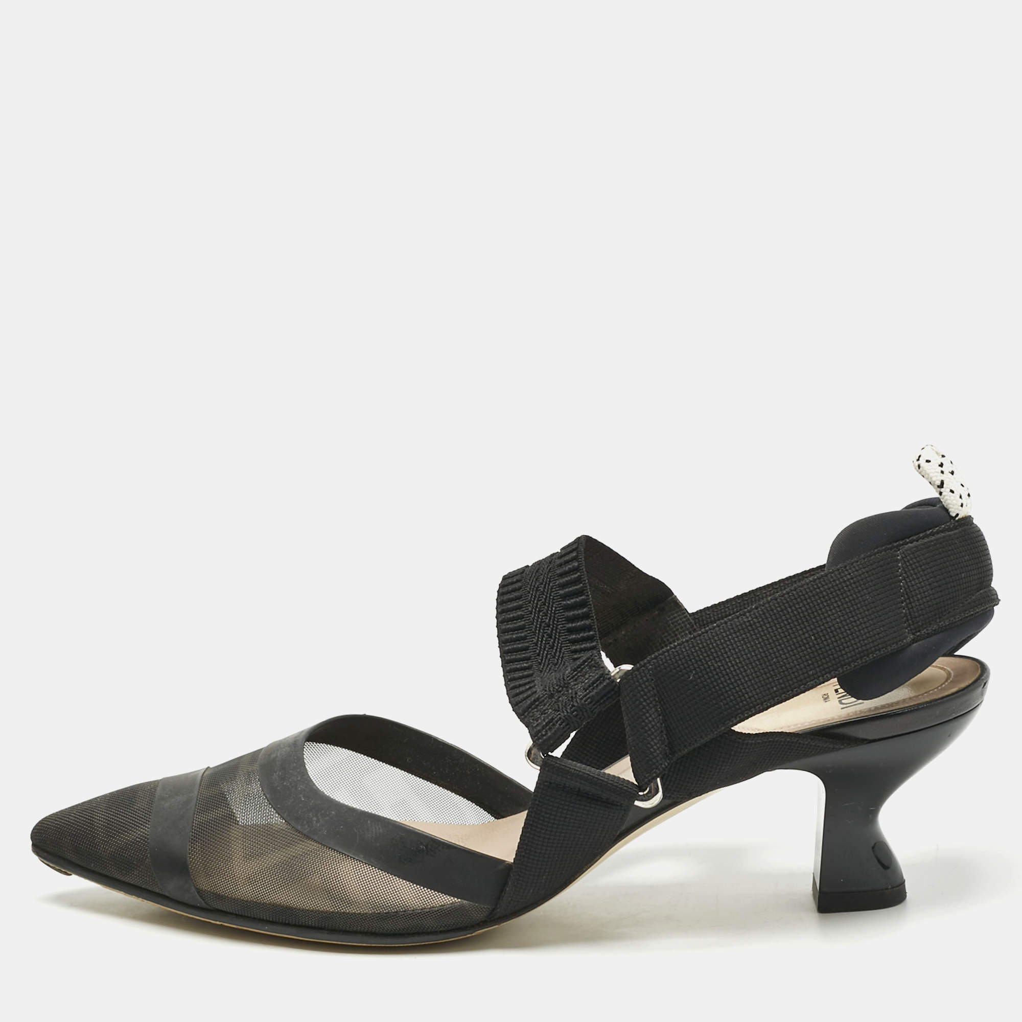 Pre Owned Fendi Black Zucca Mesh and Canvas Colibri Slingback Pumps Size 37.5