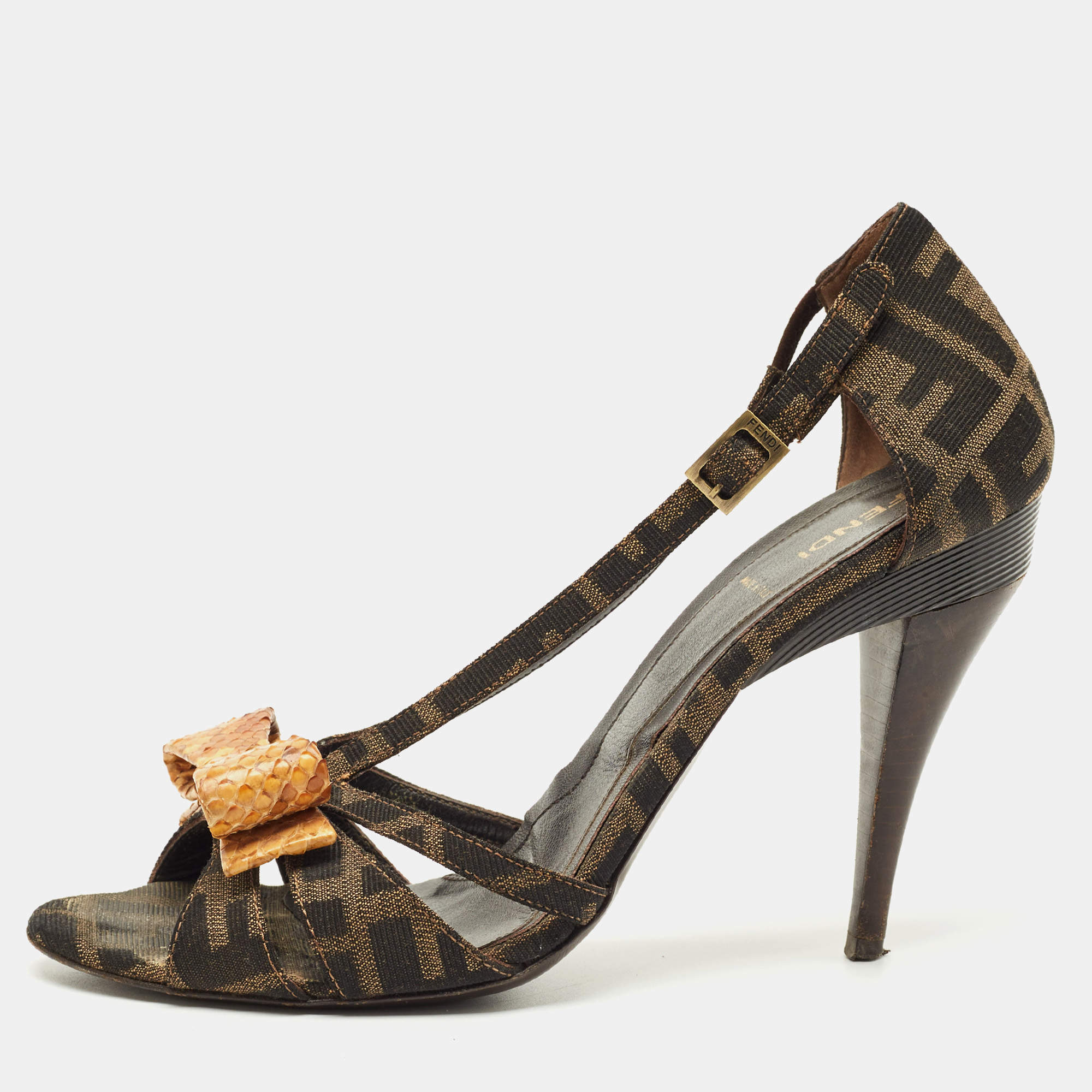 Pre Owned Fendi Tobacco Zucca Canvas And Python Leather Bow Slingback Sandals Size 40