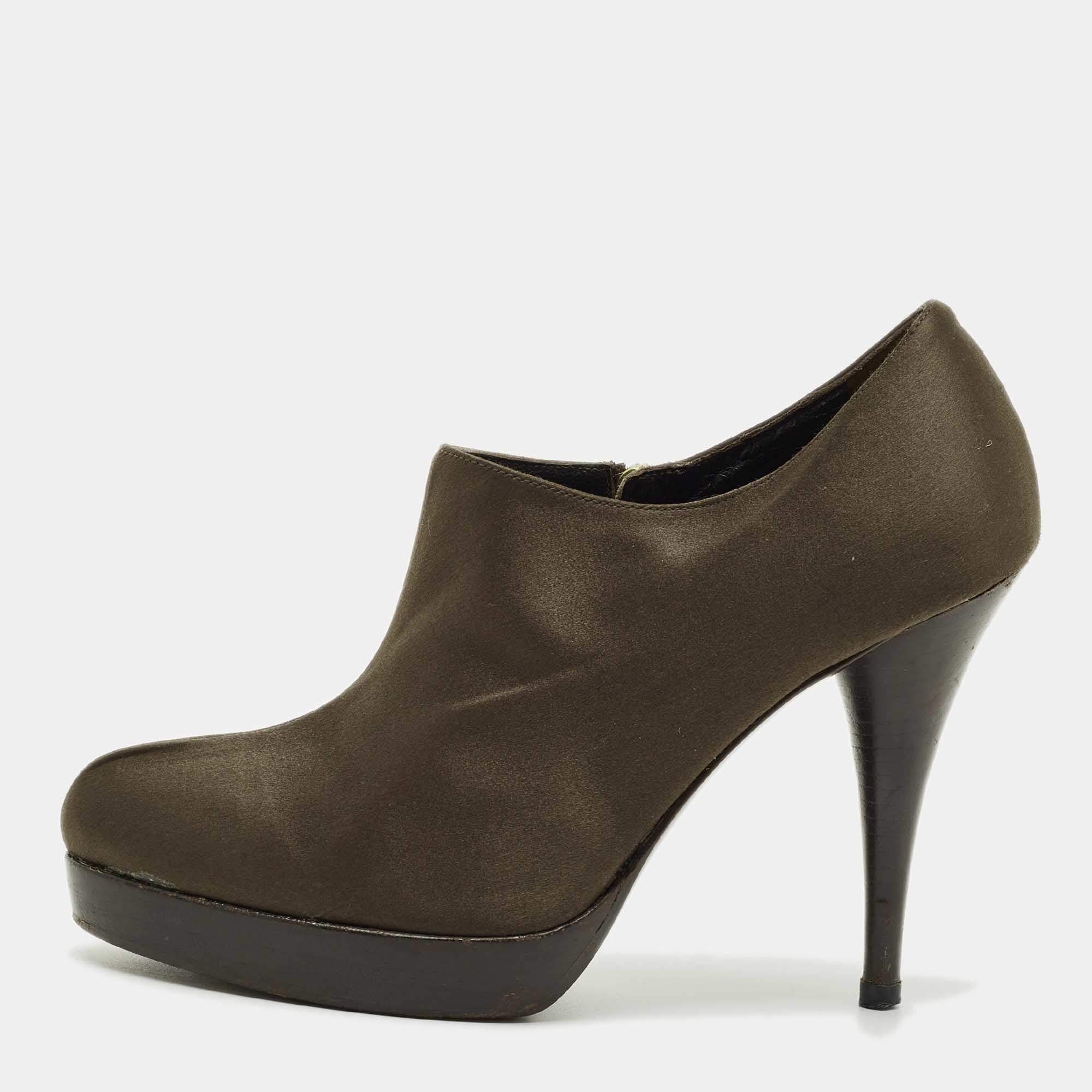 Pre Owned Fendi Brown Satin Ankle Booties Size 36