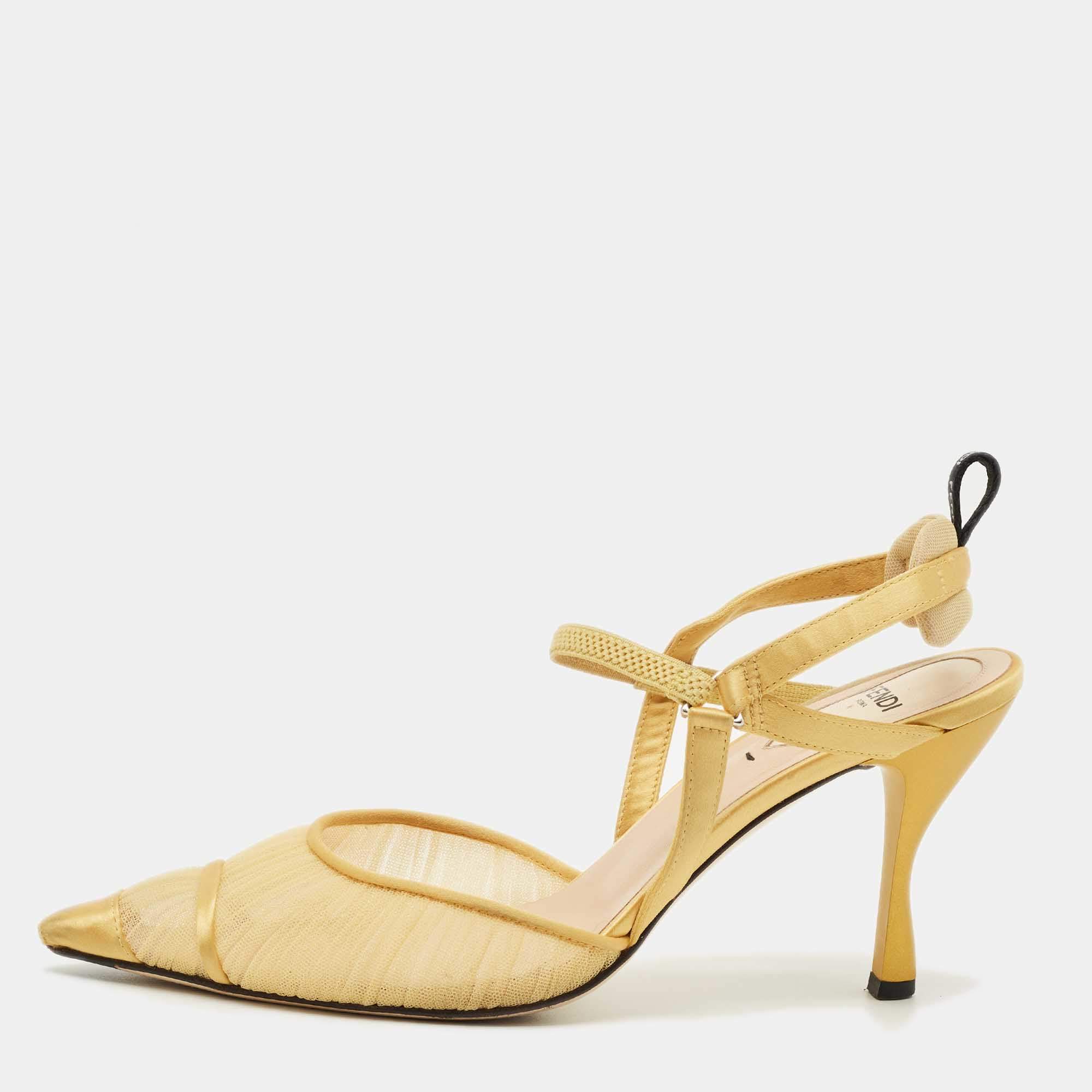 Pre Owned Fendi Yellow Mesh and Satin Colibri Lite Slingback Pumps Size 40
