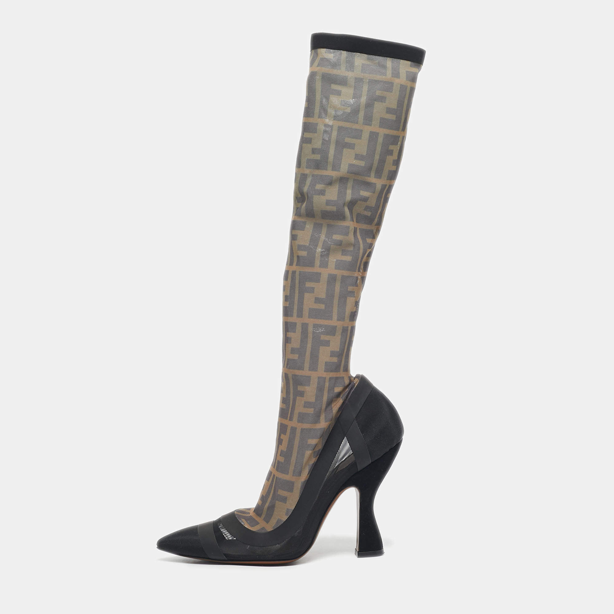 Pre Owned Fendi Black/Beige Zucca Mesh And Fabric Colibri Knee Length Boots Size 37
