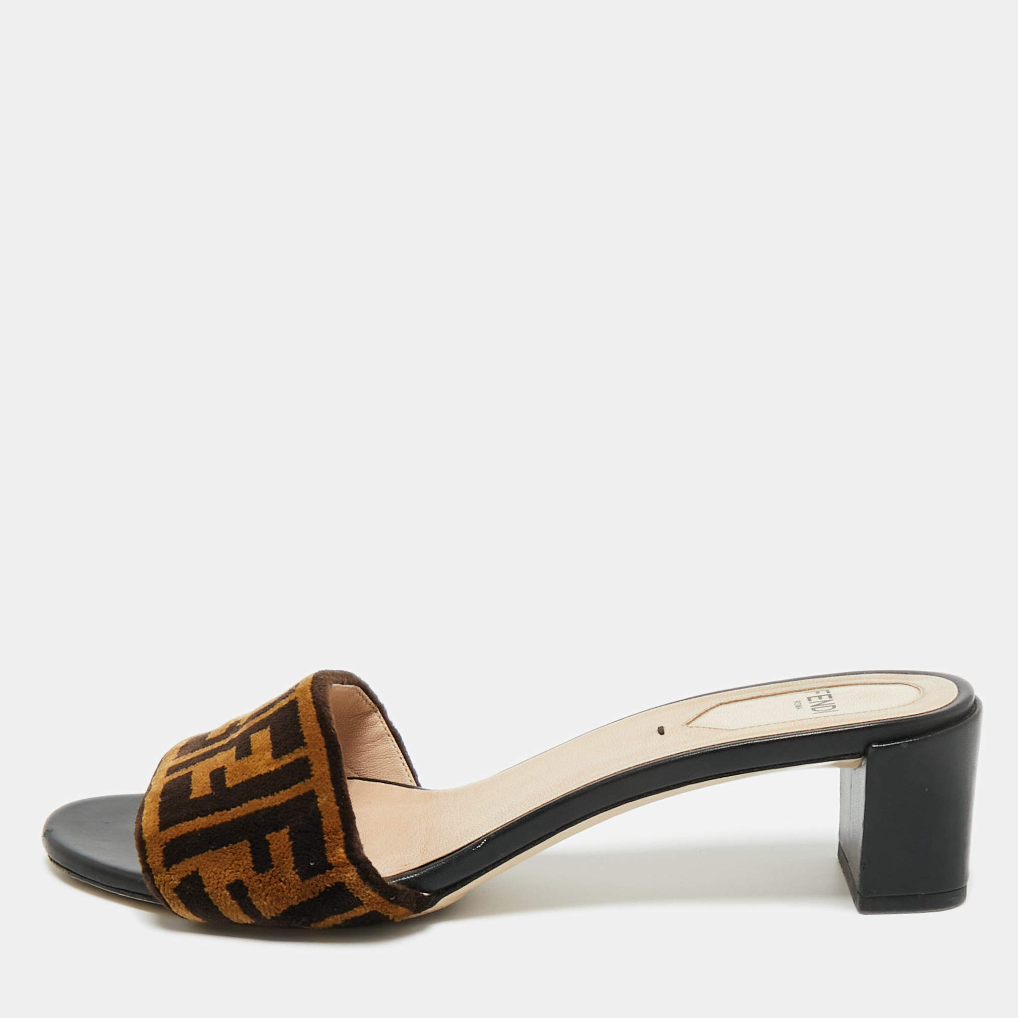 Pre Owned Fendi Black/Brown Zucca Velvet Slide Sandals Size 38