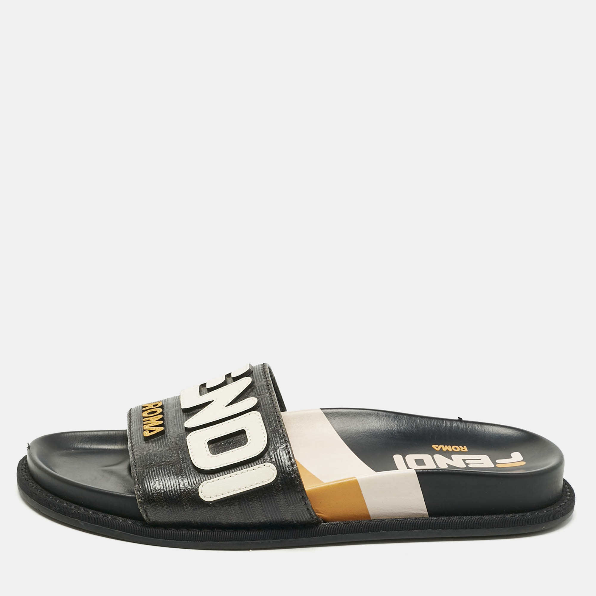 Pre Owned Fendi Black Leather Mania Motif Flat Slide Sandals Size 36.5