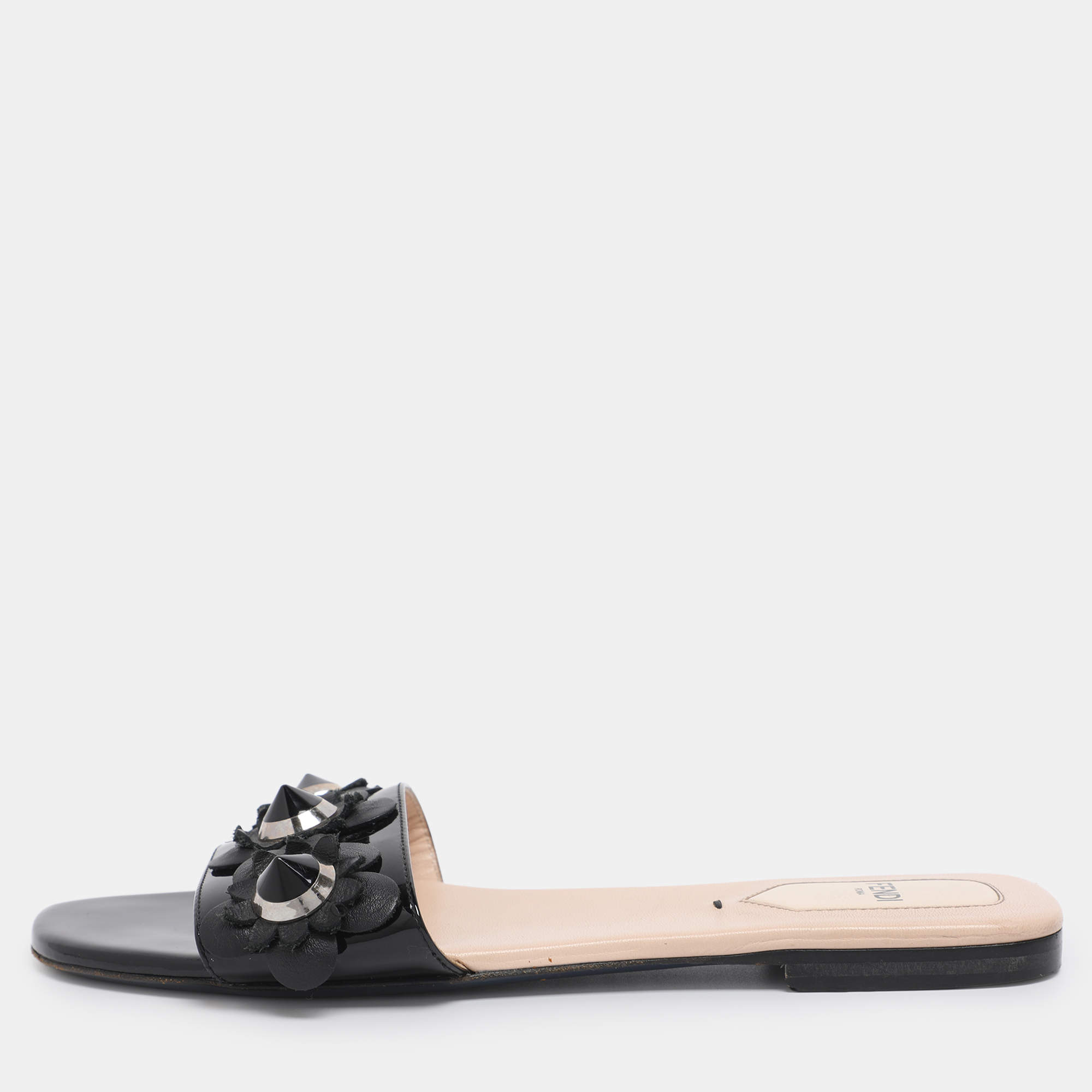 Pre Owned Fendi Black Patent Leather Flower Stud Flat Slides Size 38