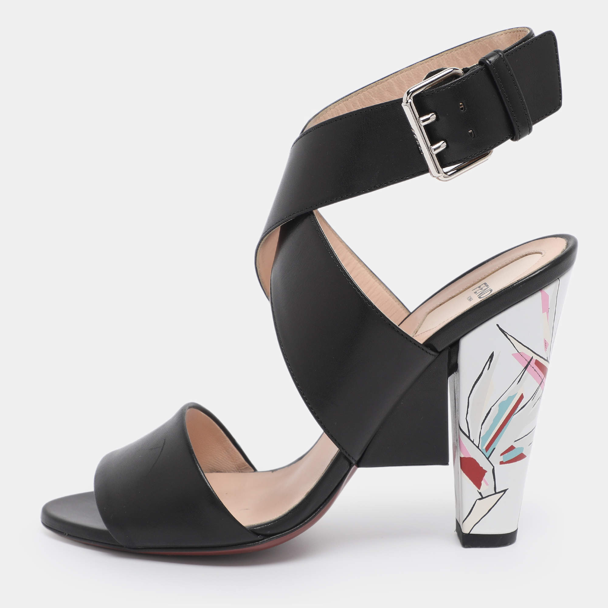 مملوكة مسبقًا Fendi Black Leather Birds of Paradise Ankle Strap Sandals Size 38
