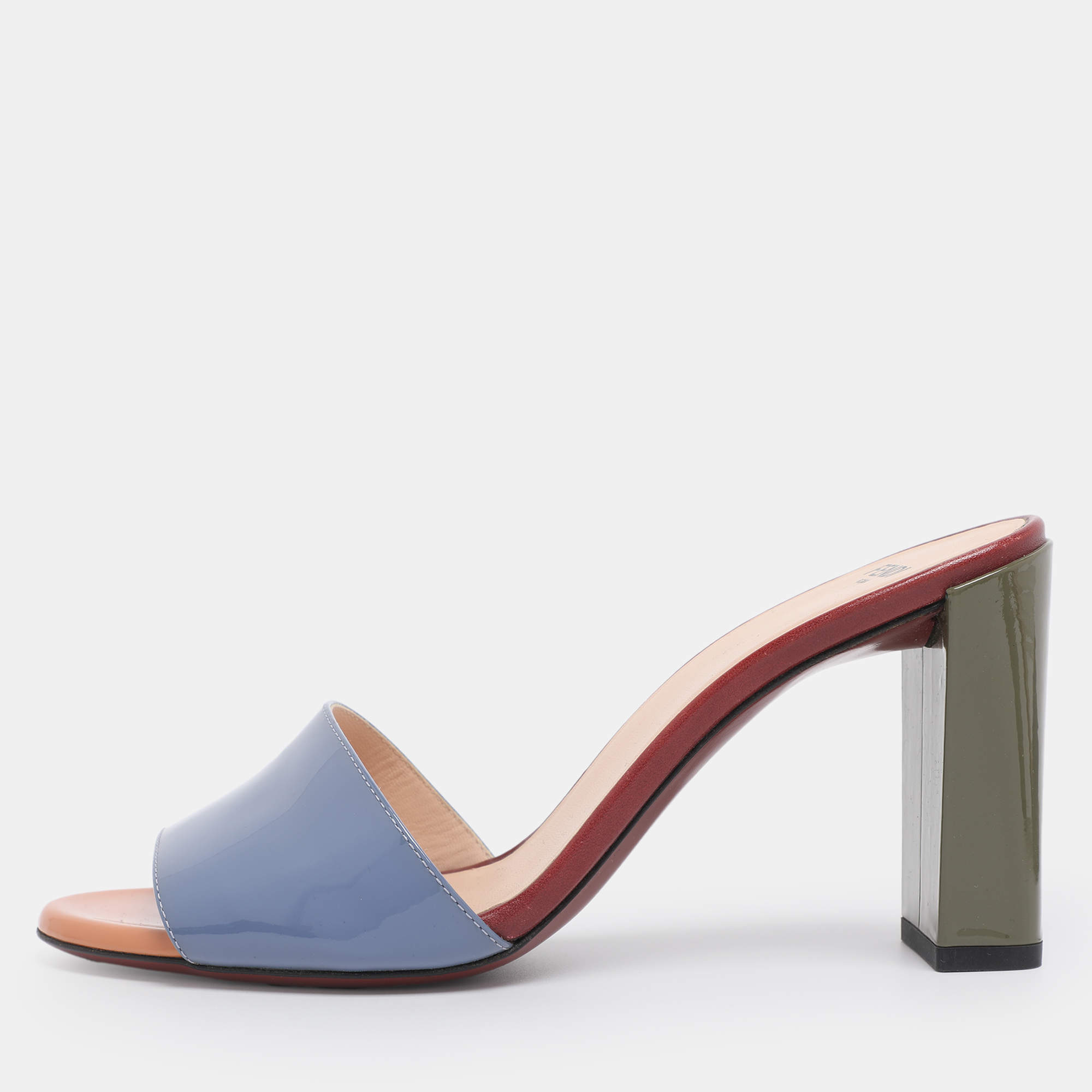 Pre Owned Fendi Tri Color Patent Leather Slide Sandals Size 38