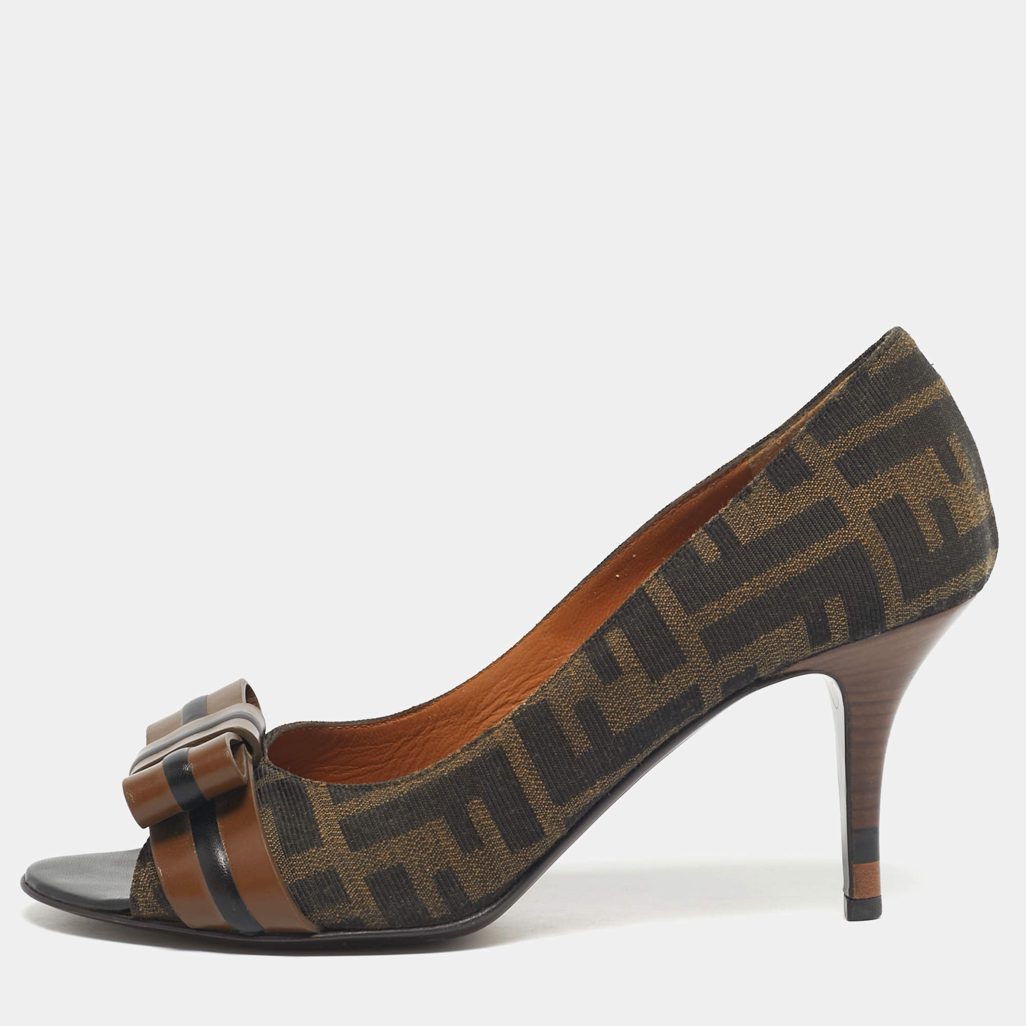 Pre Owned Fendi Brown FF Canvas Bow Peep Toe Pumps Size 36