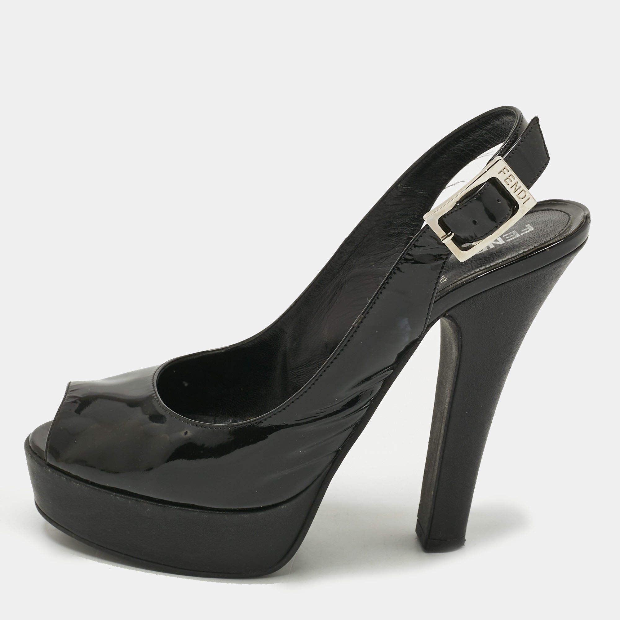 Pre Owned Fendi Black Patent Leather Slingback Platform Pumps Size 38.5