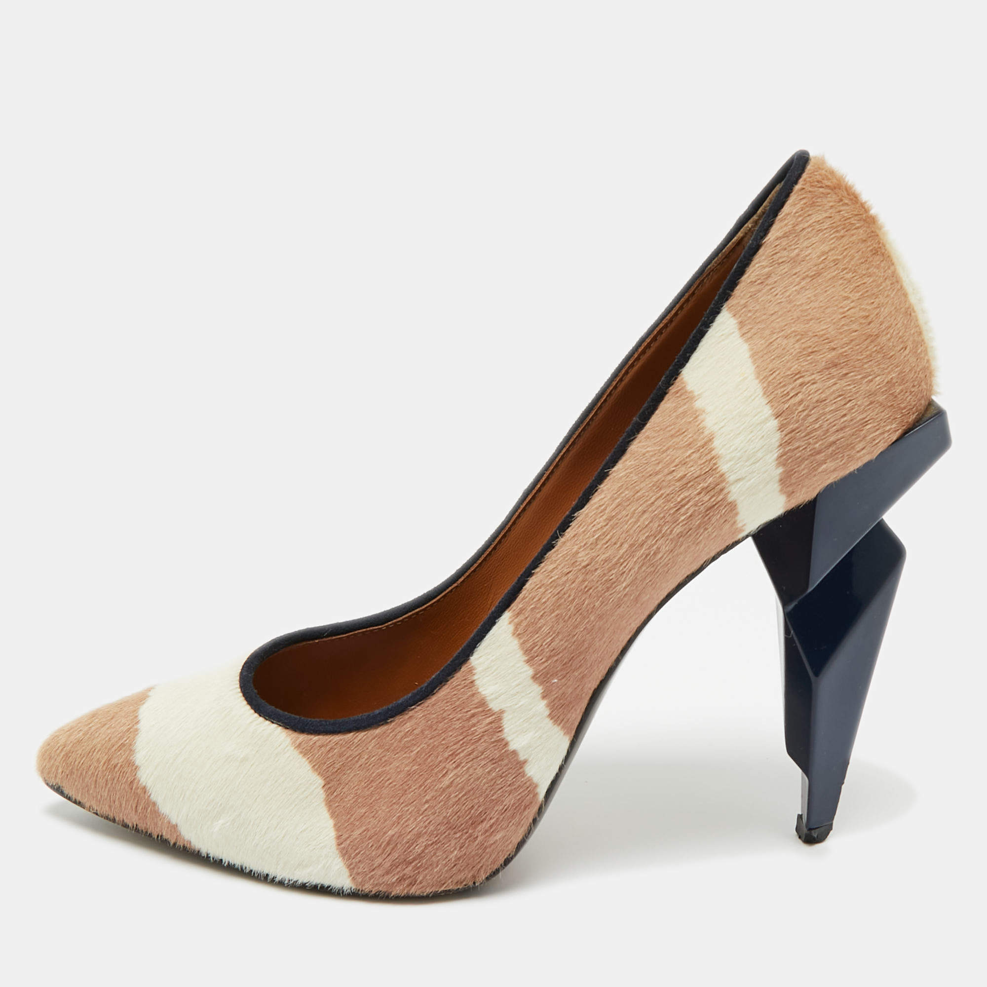 Pre Owned Fendi Beige/White Zebra Print Calf Hair Diamond Heel Pumps Size 38.5