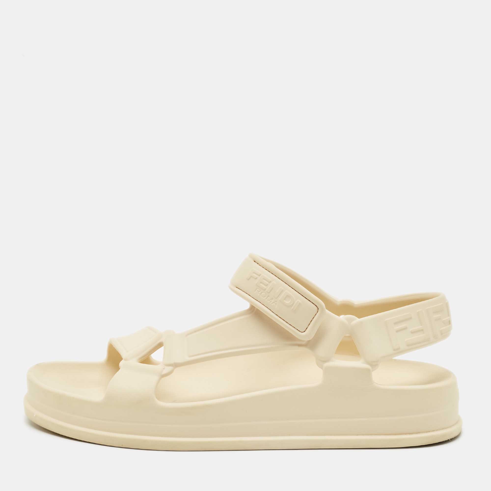 Pre Owned Fendi Cream Rubber Hiker Ankle Strap Sandals Size 38