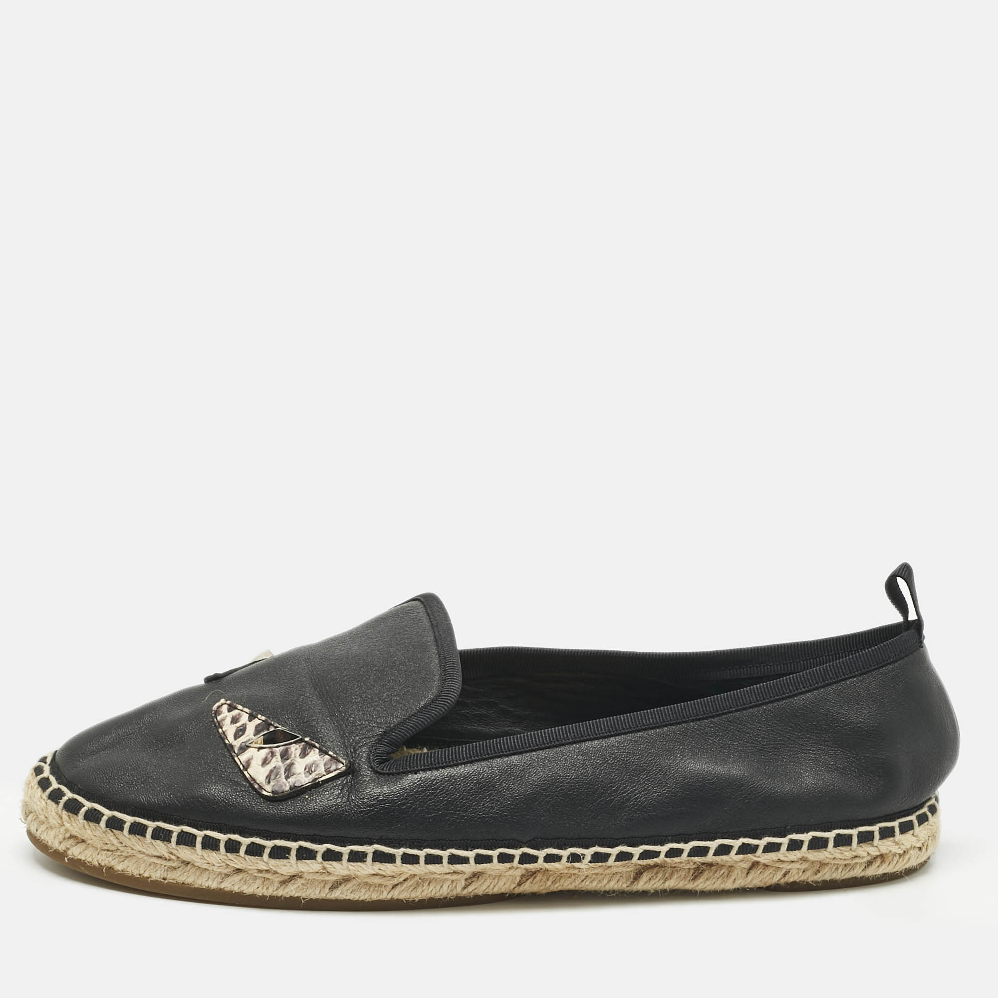 Pre Owned Fendi Black leather and Water Snakeskin Monster Eyes Slip On Espadrilles Size 38.5