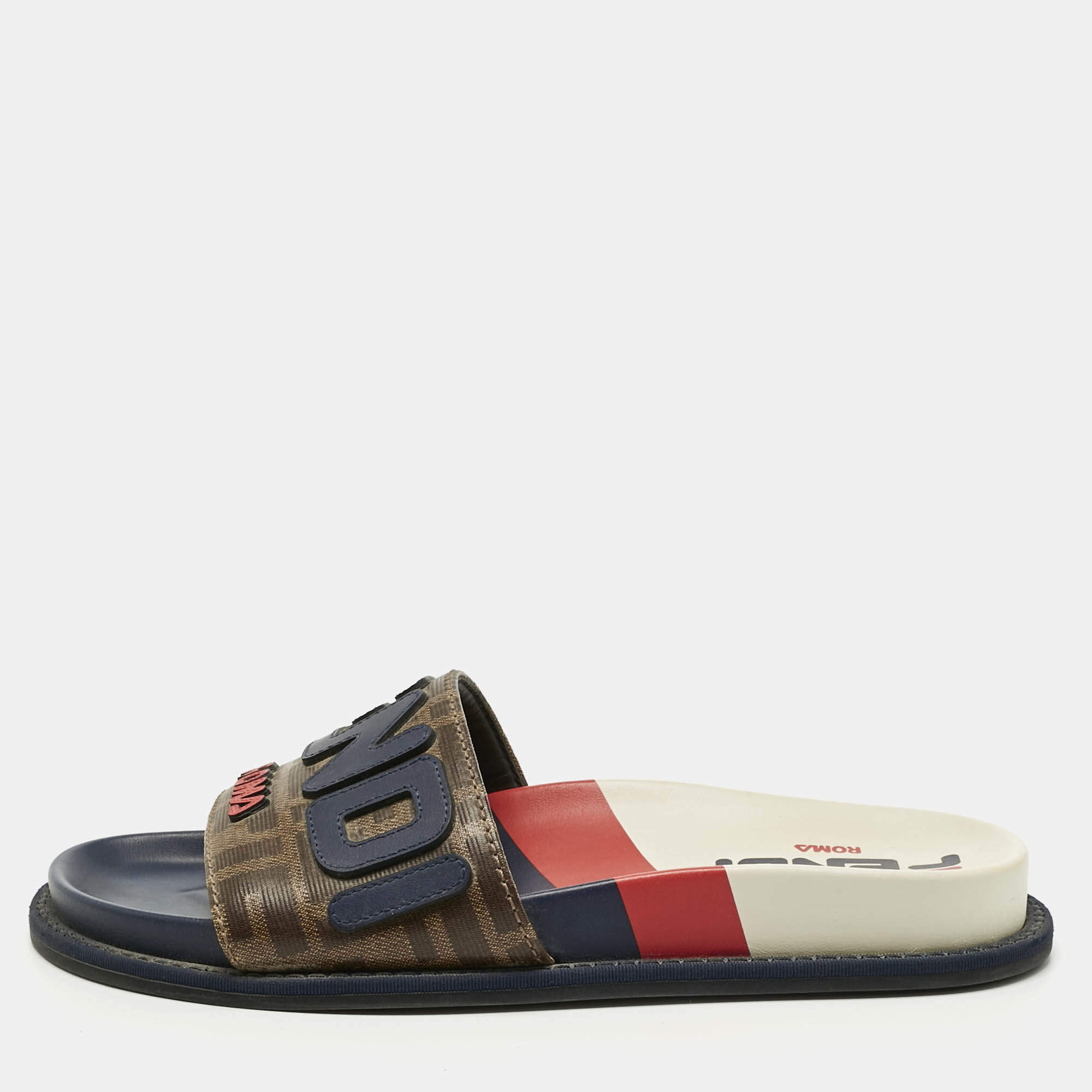 Pre Owned Fendi Multicolor Coated Canvas and Leather Mania Flat Slide Size 36.5