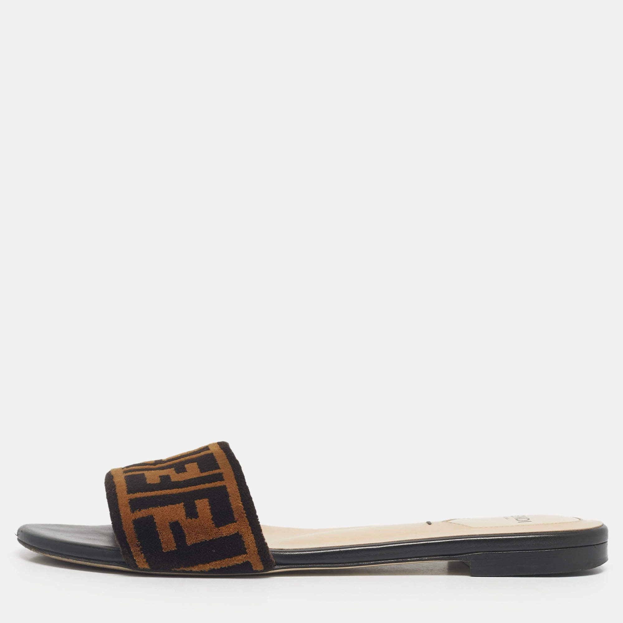 Pre Owned Fendi Two Tone Zucca Velvet Flat Slides Size 38