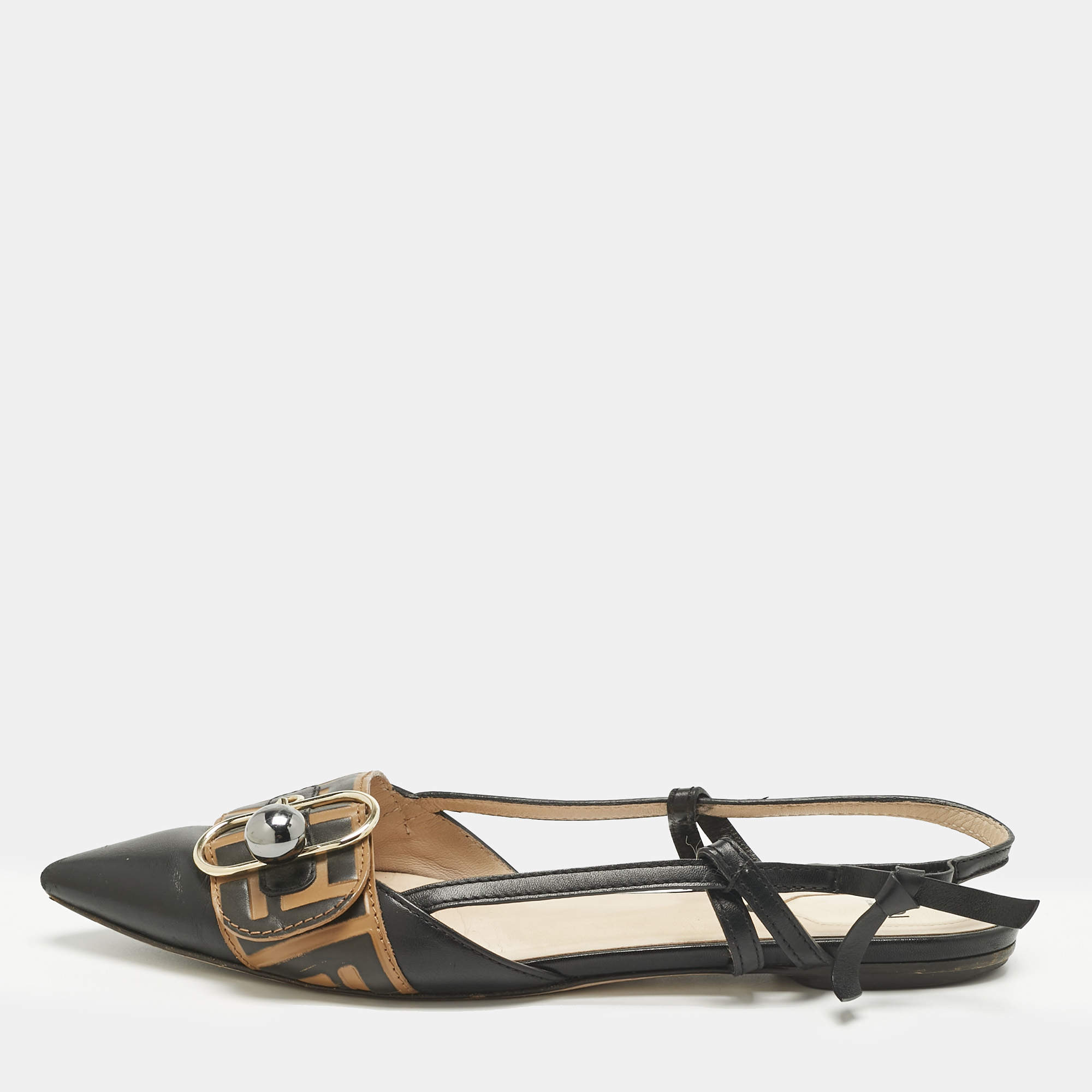 Pre Owned Fendi Black/Brown Leather Buckle Strap Slingback Pointed Sandals Size 40