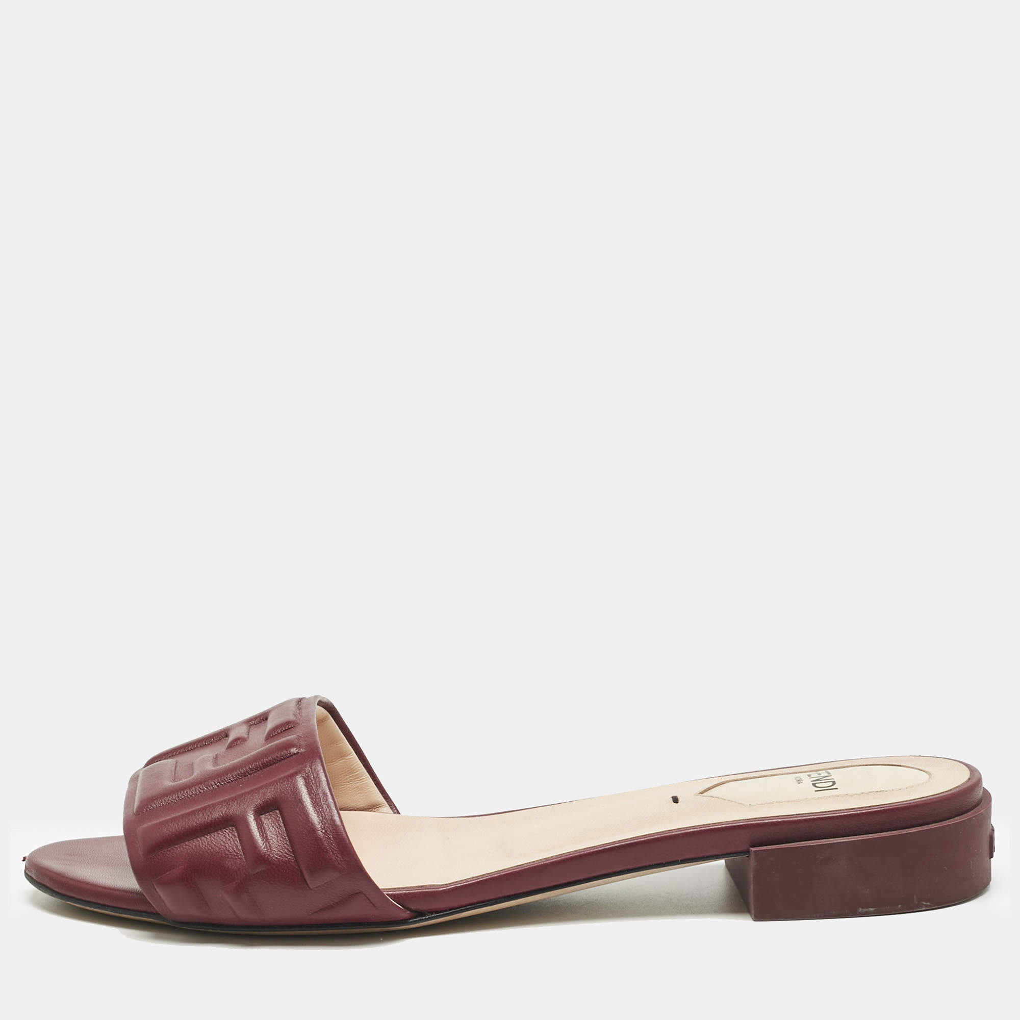 Pre Owned Fendi Burgundy Leather FF Flat Slides Size 38.5