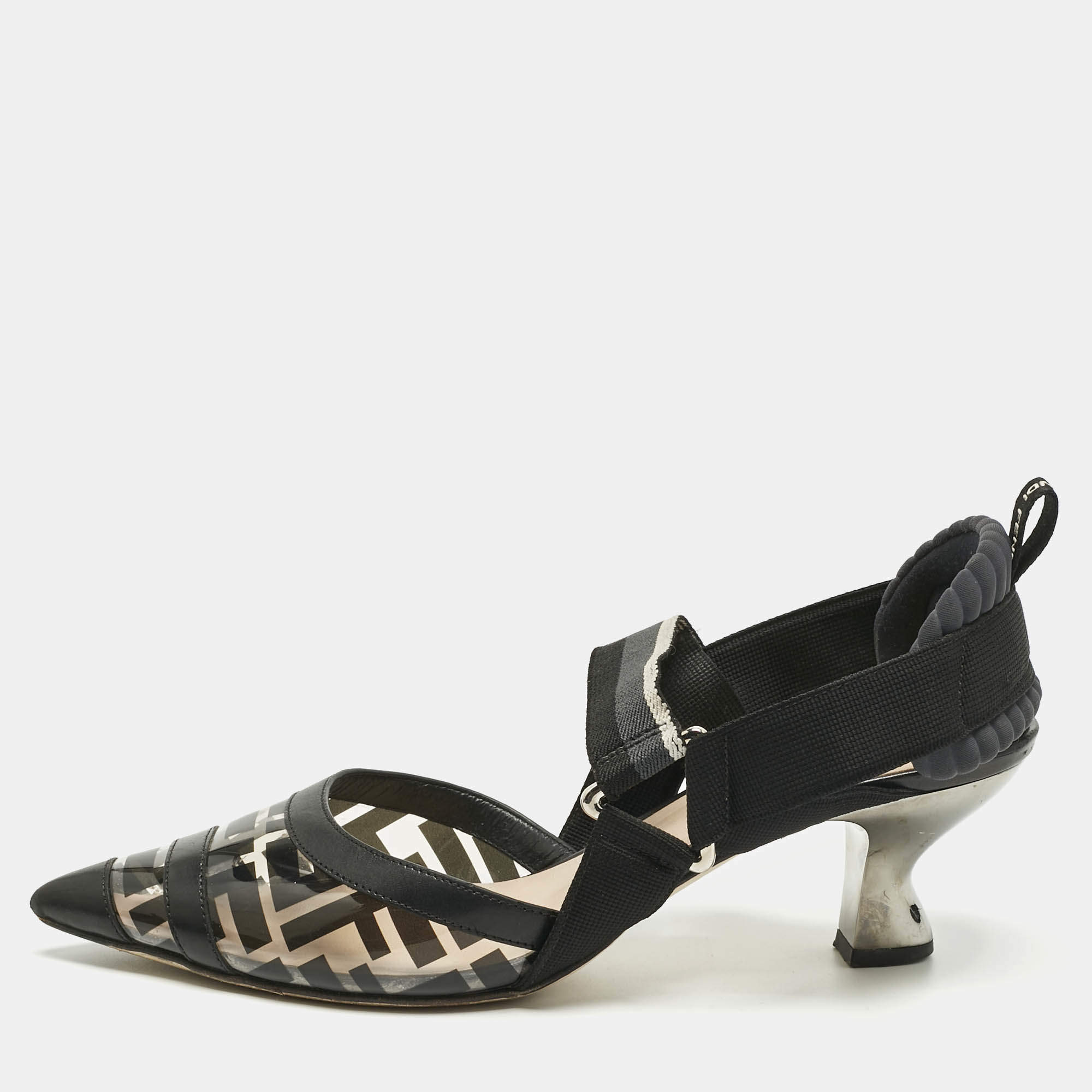 Pre Owned Fendi Black Leather and Zucca PVC Colibri Slingback Pumps Size 38