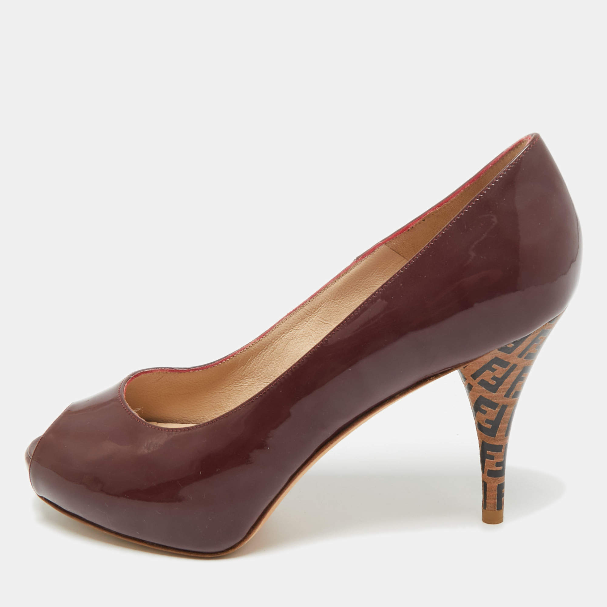 Pre Owned Fendi Burgundy Patent Leather Zucca Print Heel Peep Toe Platform Pumps Size 36