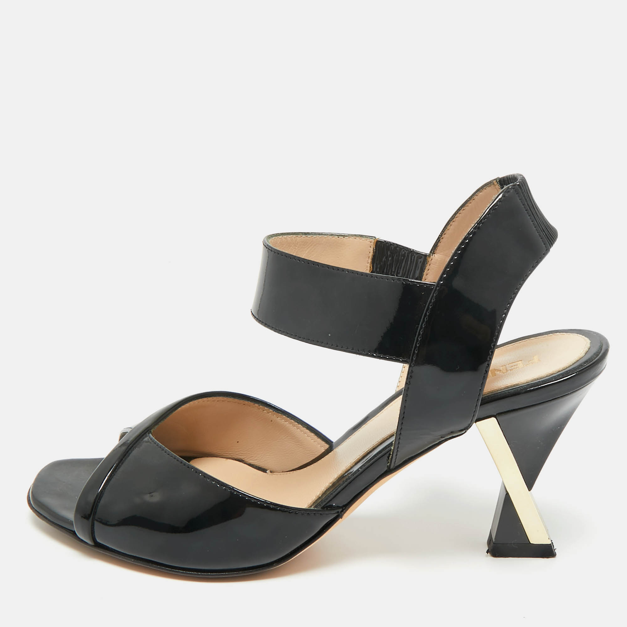 Pre Owned Fendi Black Patent Leather Ankle Strap Sandals Size 36