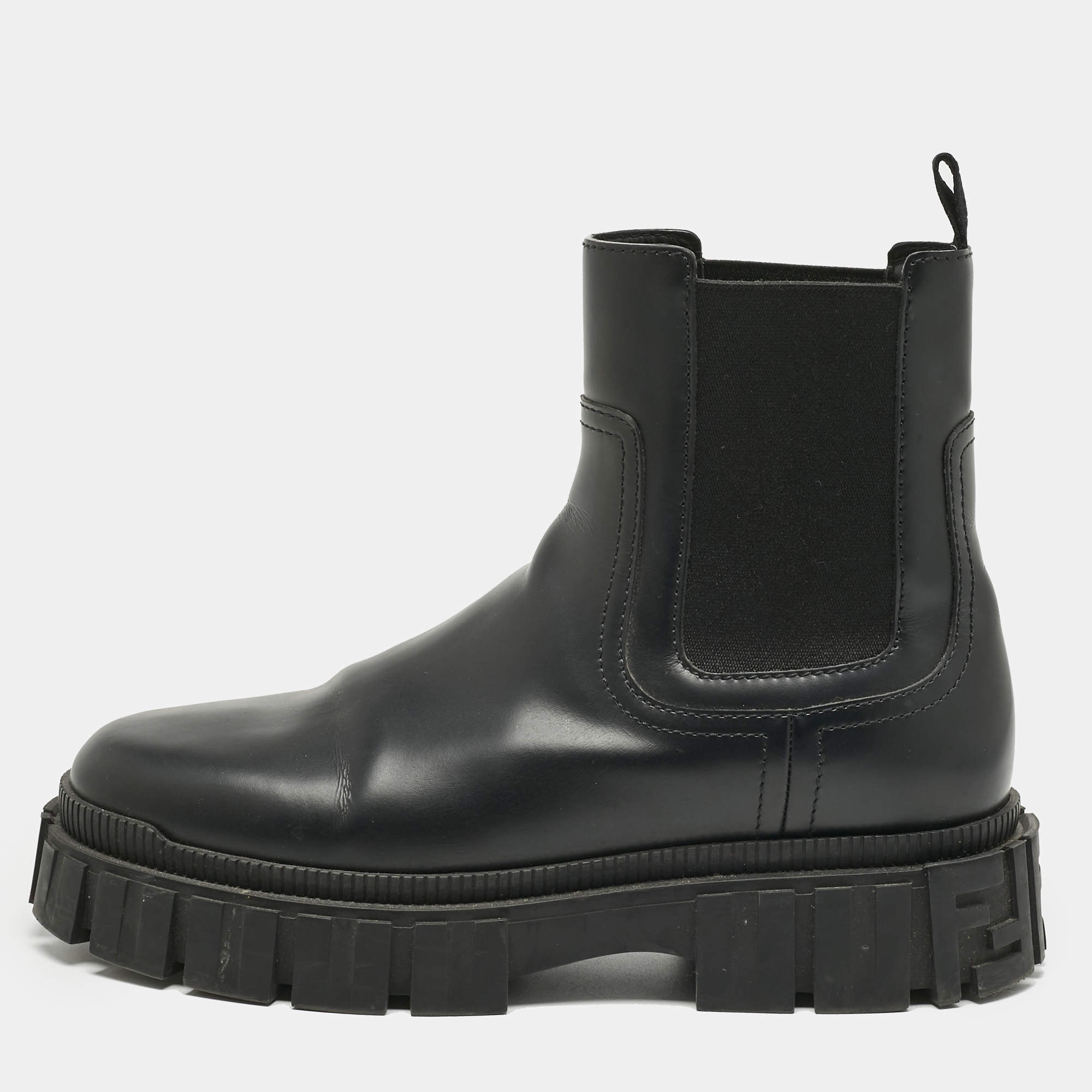 Pre Owned Fendi Black Leather FF Combat Boots Size 40