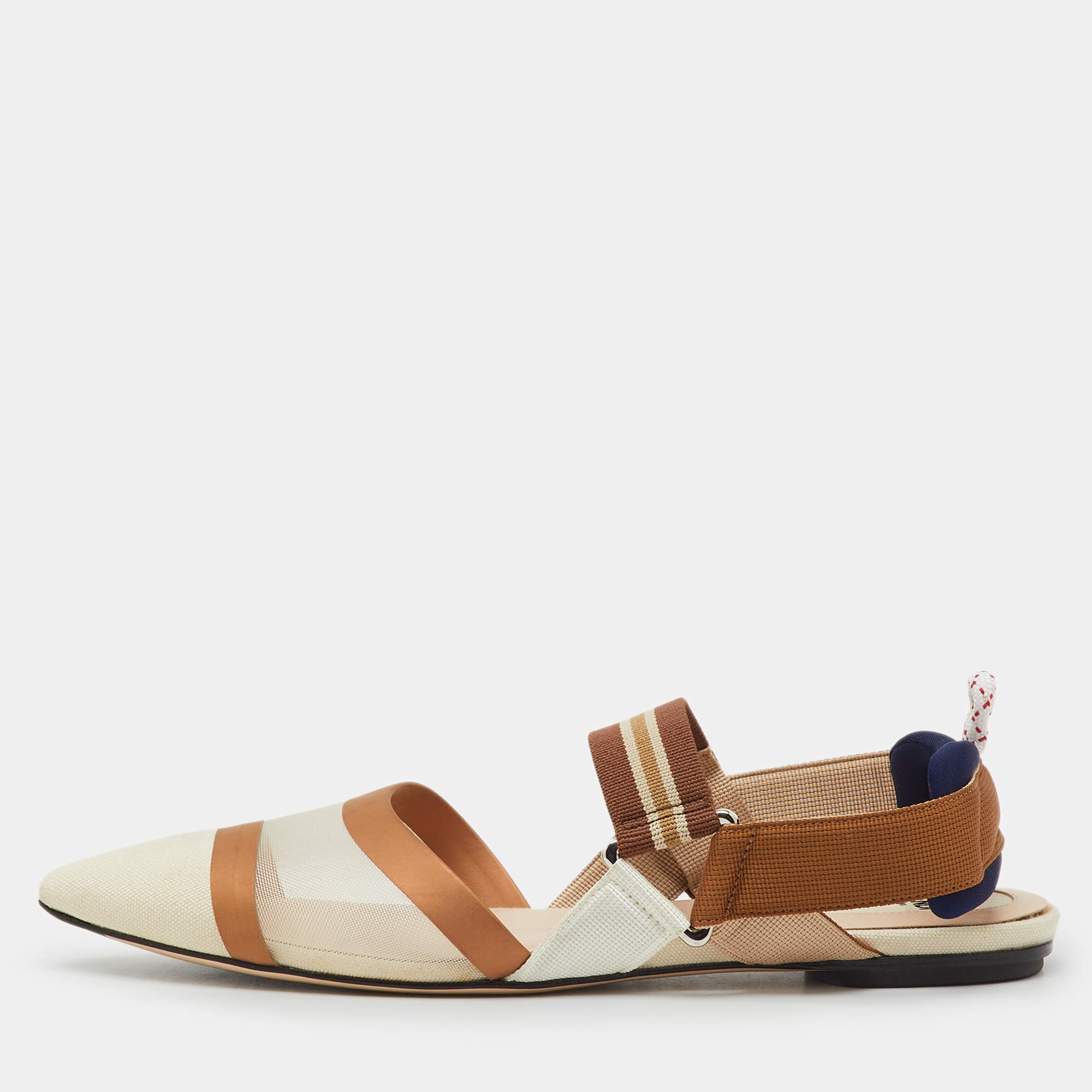 Pre Owned Fendi Tricolor Technical Mesh and Fabric Colibri Slingback Flats Size 38