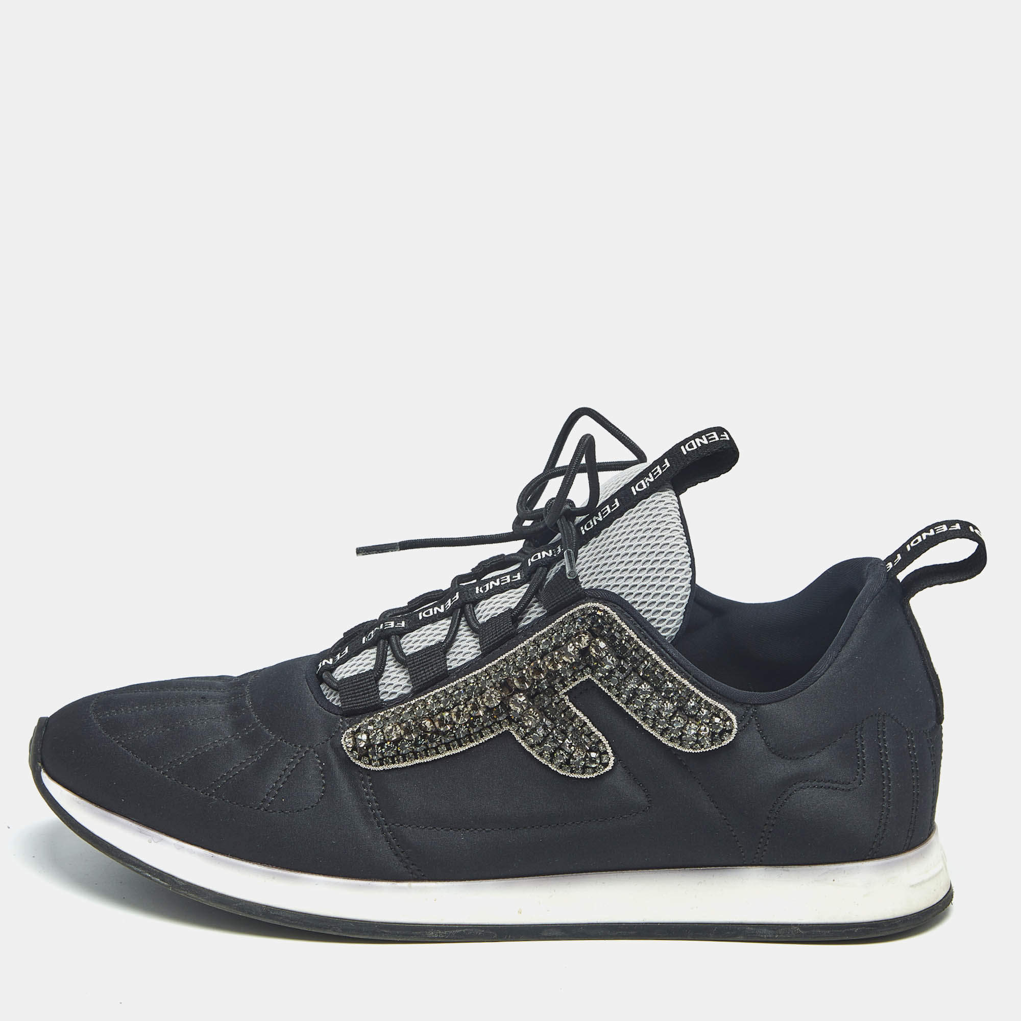 Pre Owned Fendi Black Fabric and Satin Crystal Embellished Lace Up Sneakers Size 37