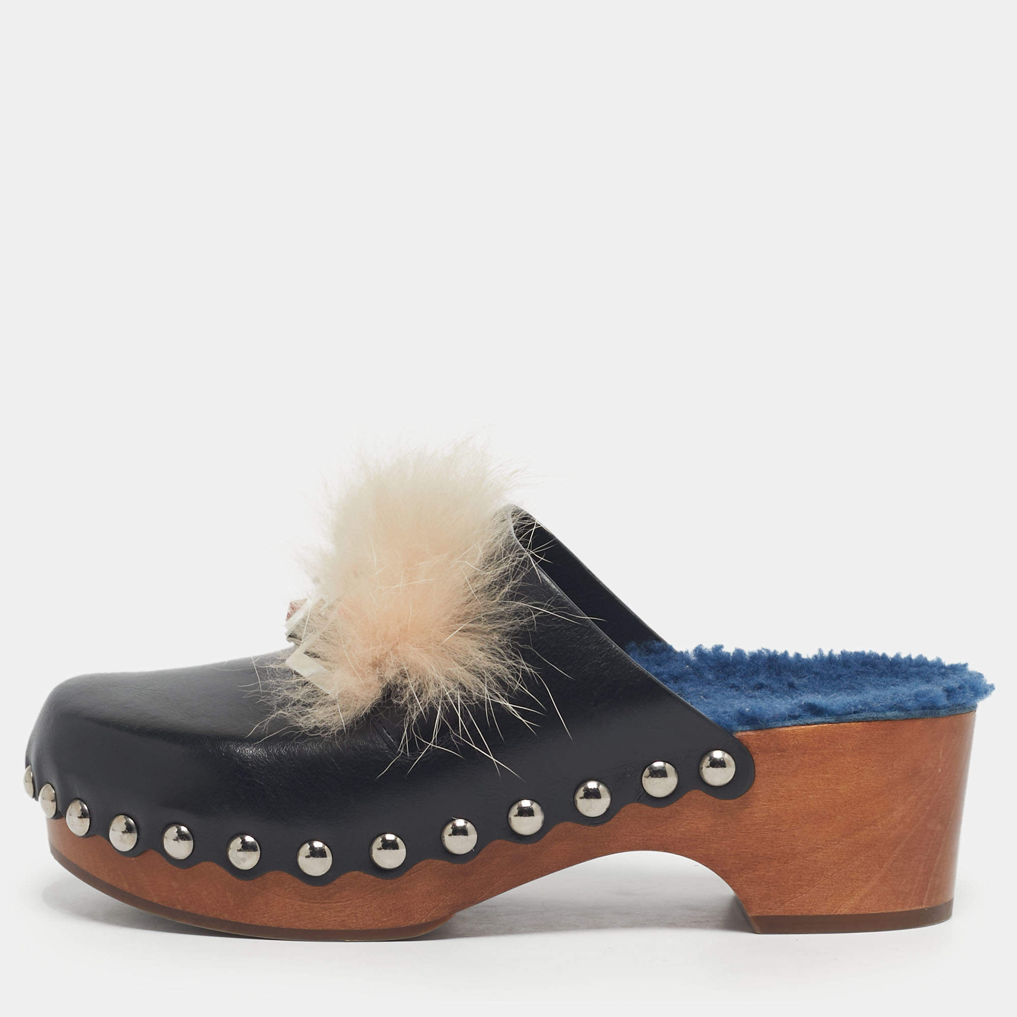 Pre Owned Fendi Black Fur and Leather Monster Clogs Size 37