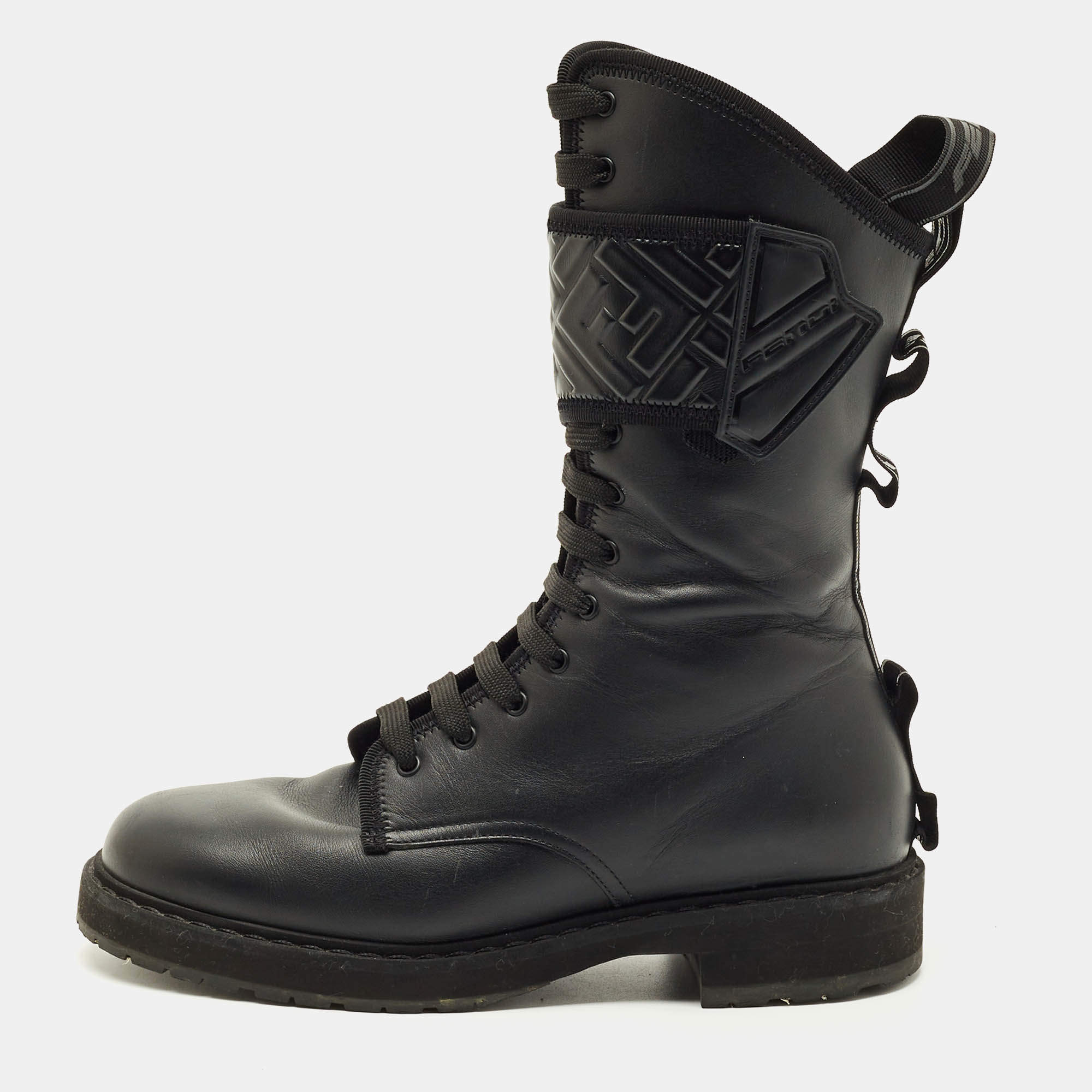 Pre Owned Fendi Black Leather Forever Fendi Hiking Boots Size 37