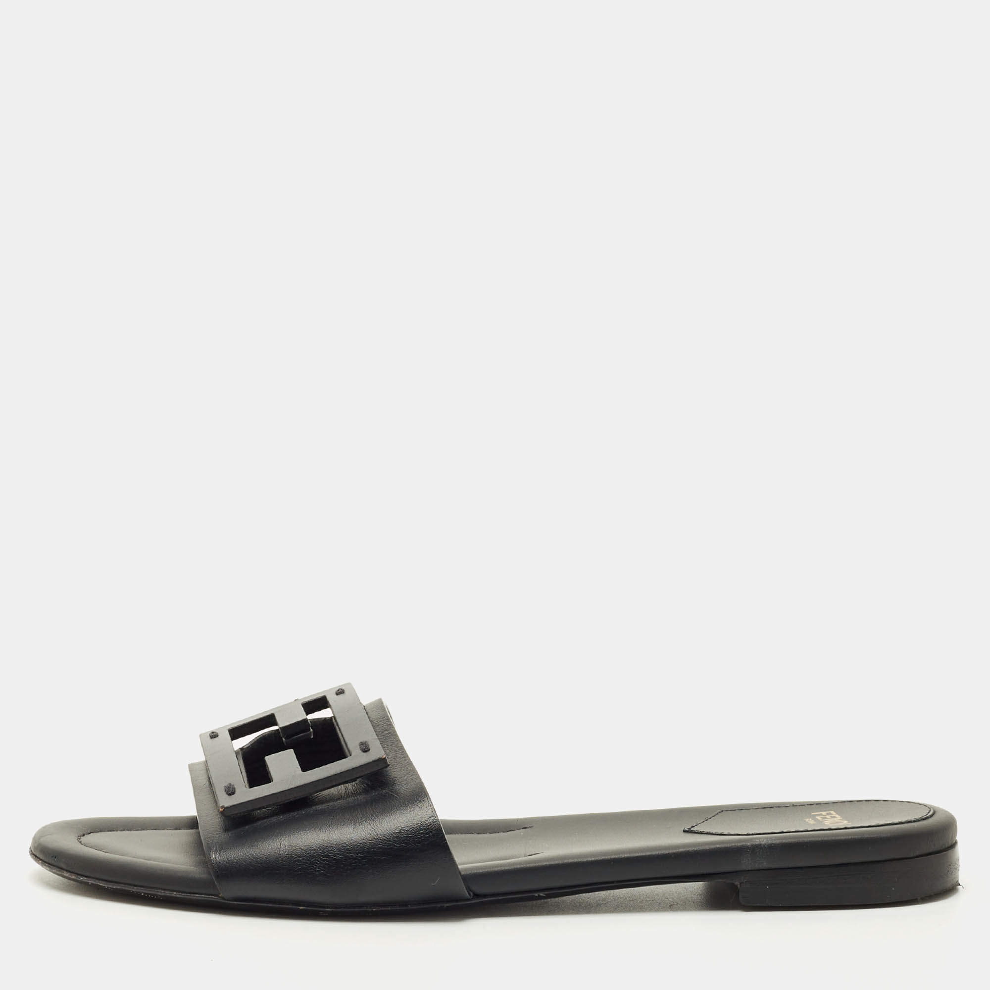 Pre Owned Fendi Black Leather Logo Flat Slides Size 38