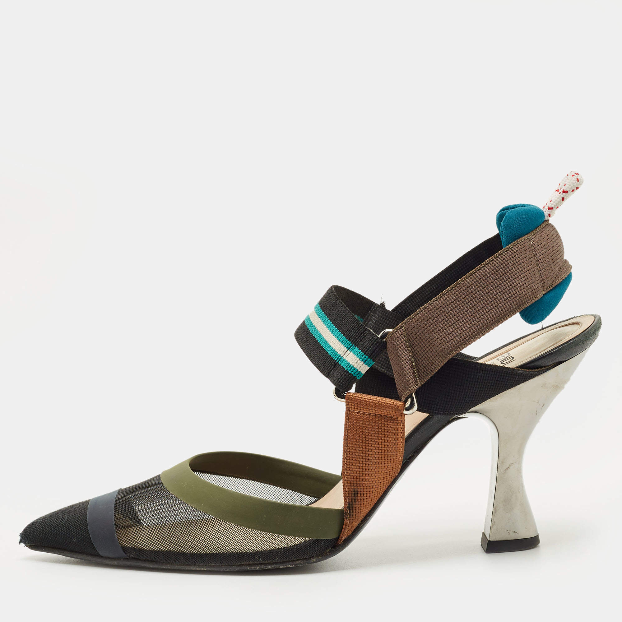 Pre Owned Fendi Multicolor Canvas and Leather Colibri Slingback Pumps Size 38