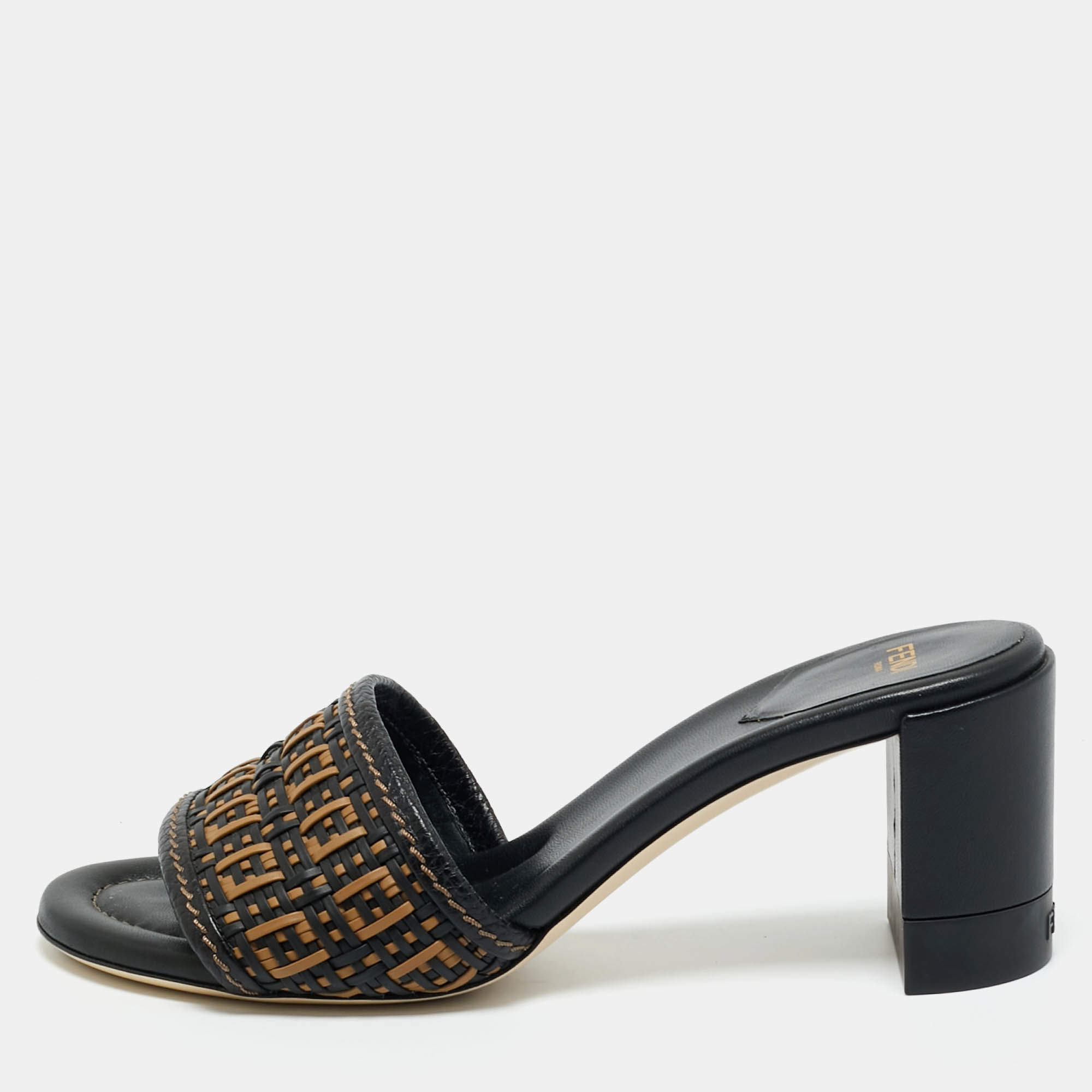 Pre Owned Fendi Black/Brown FF Interlace Leather Slide Sandals Size 38