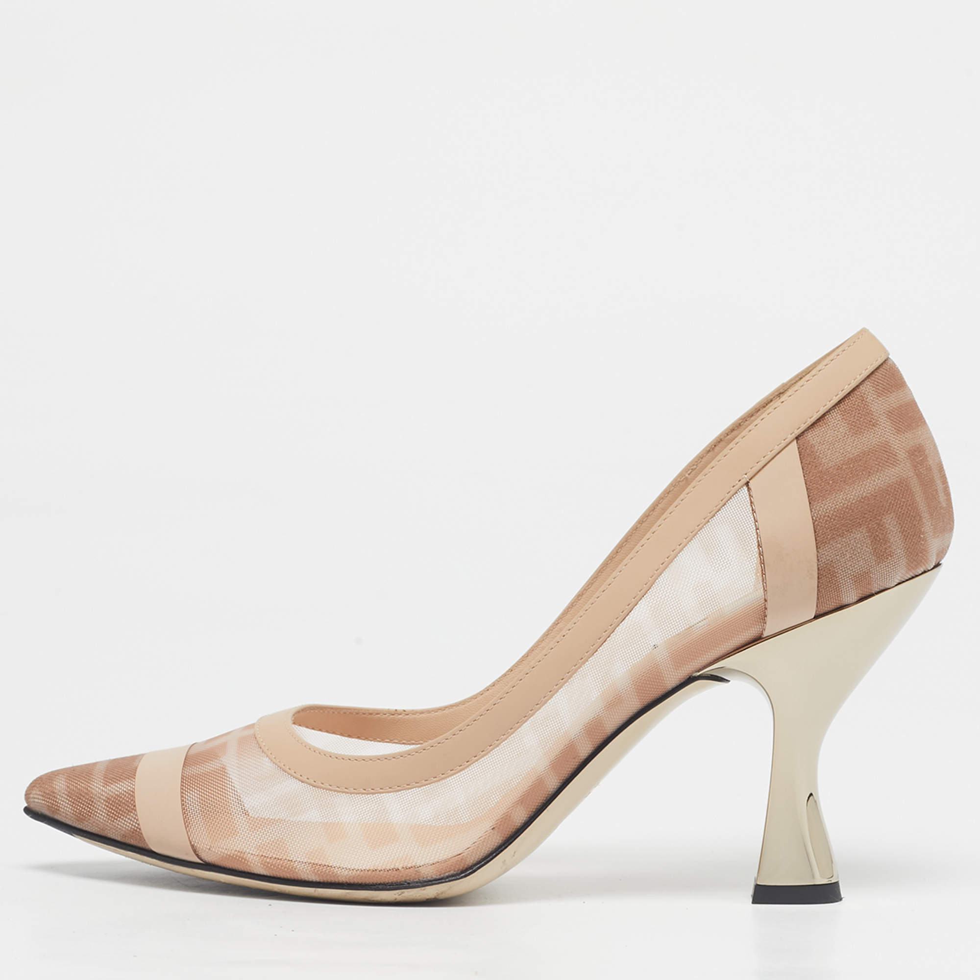 Pre Owned Fendi Light Pink/Brown Zucca Mesh and Leather Colibri Pumps Size 39