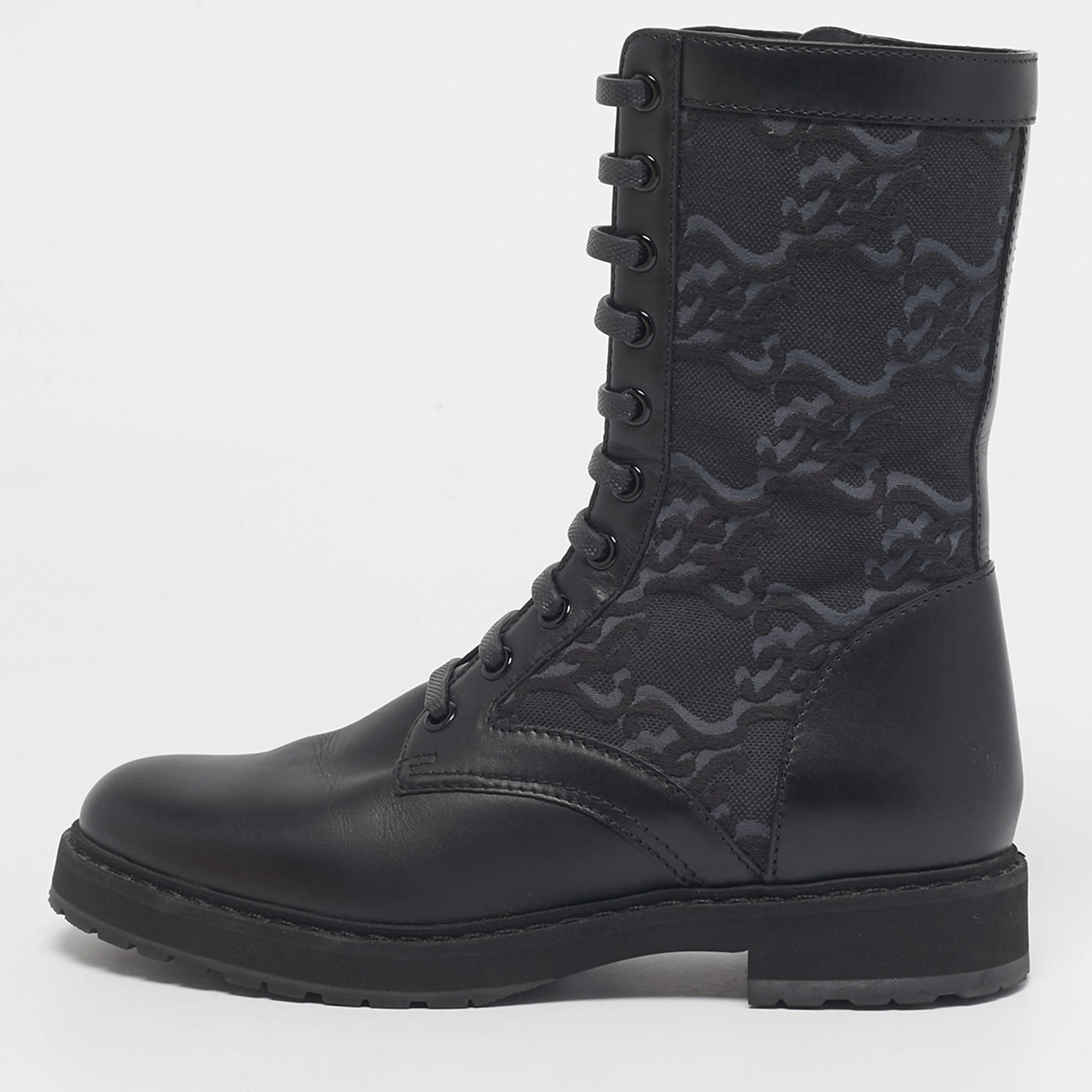Pre Owned Fendi Black Karligraphy Jacquard and Leather Combat Boots Size 37