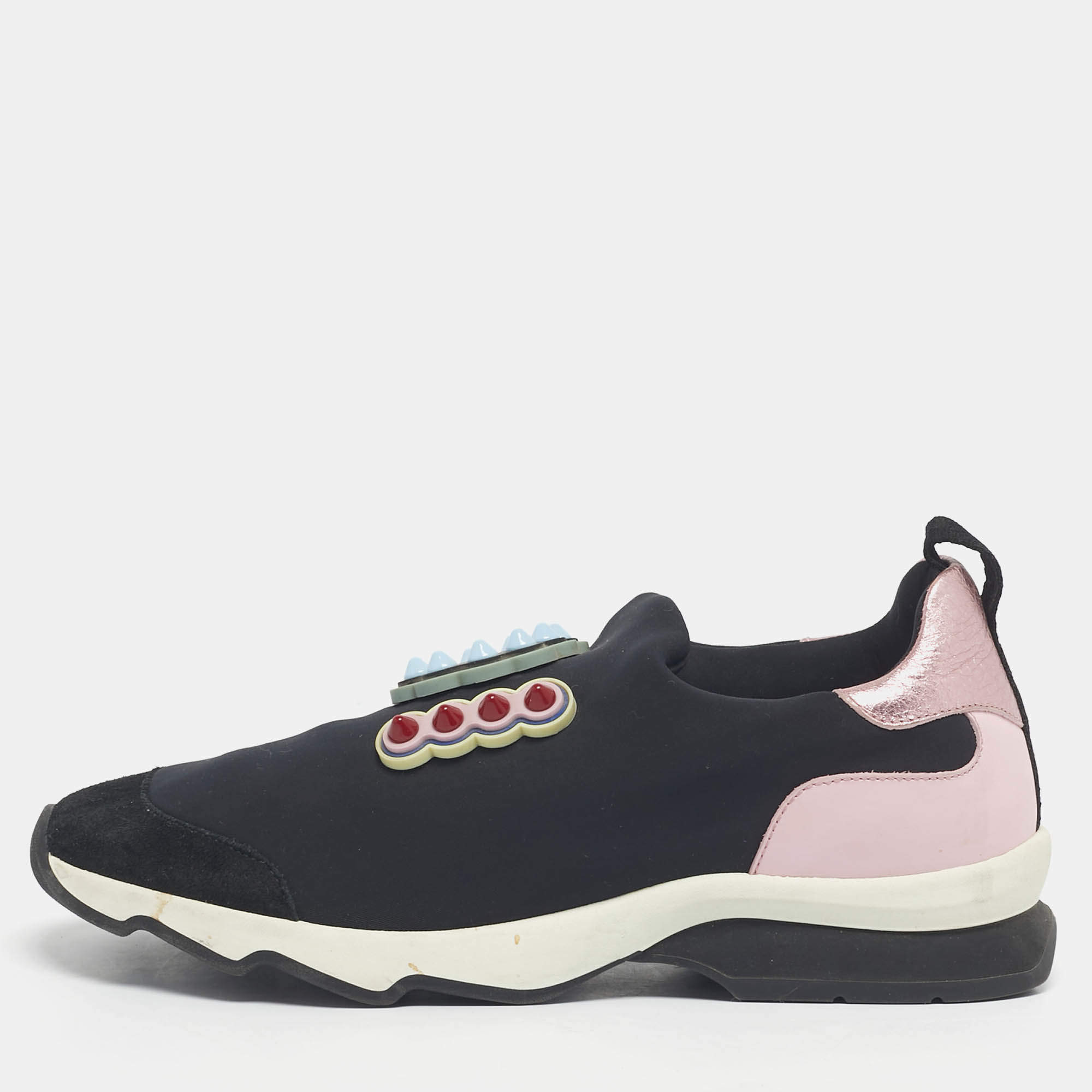 Pre Owned Fendi Black Fabric And Suede Fun Fair Logo Slip On Sneakers Size 38