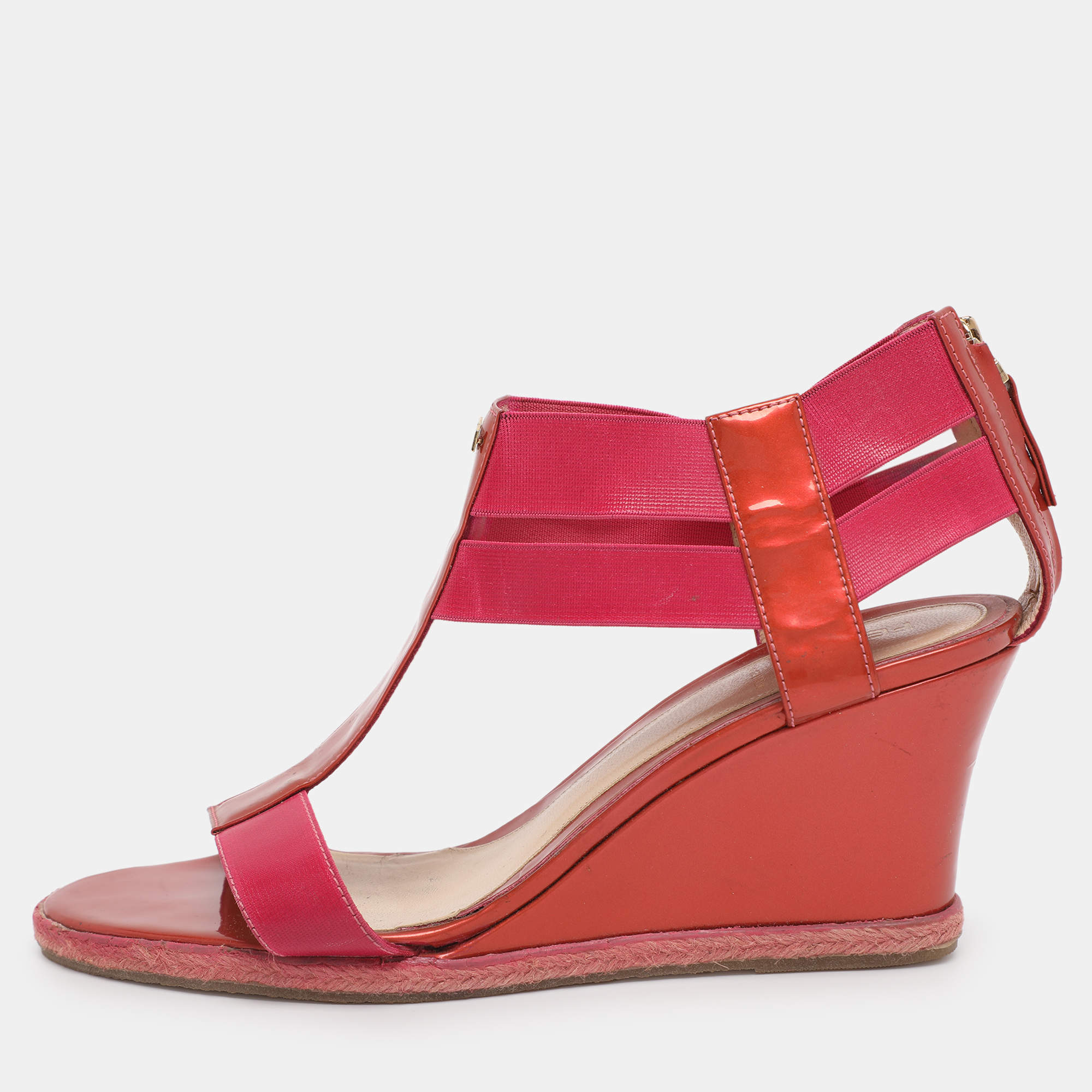 Pre Owned Fendi Brick Red/Pink Patent Leather And Elastic Fabric T Strap Espadrille Wedge Sandals Size 40