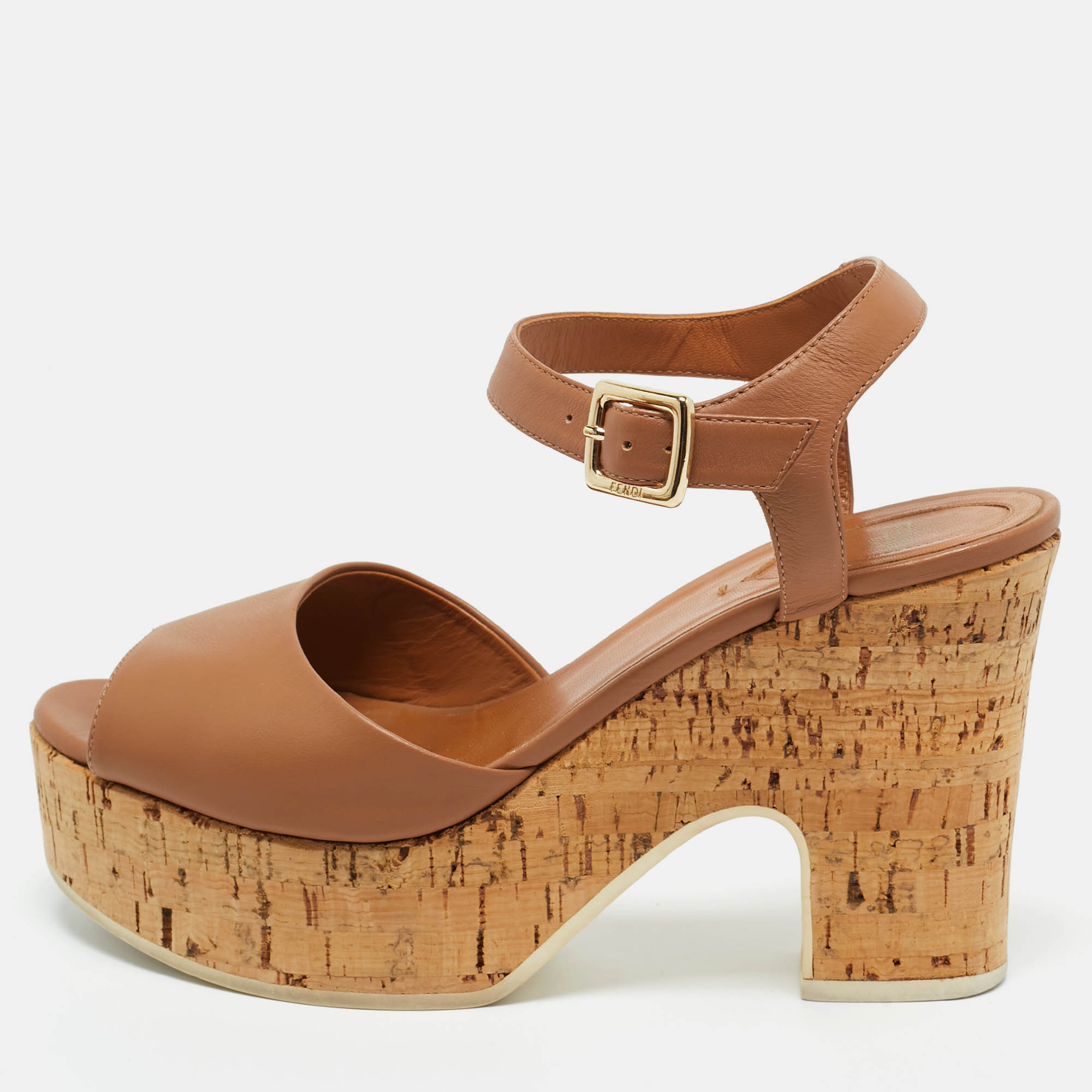 Pre Owned Fendi Brown Leather Ankle Strap Sandals Size 38.5