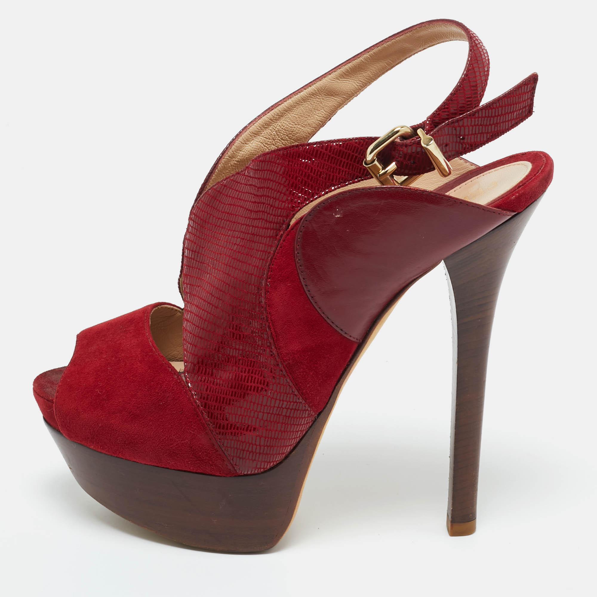 Pre Owned Fendi Red Leather and Lizard Embossed Leather Slingback Platform Sandals Size 37