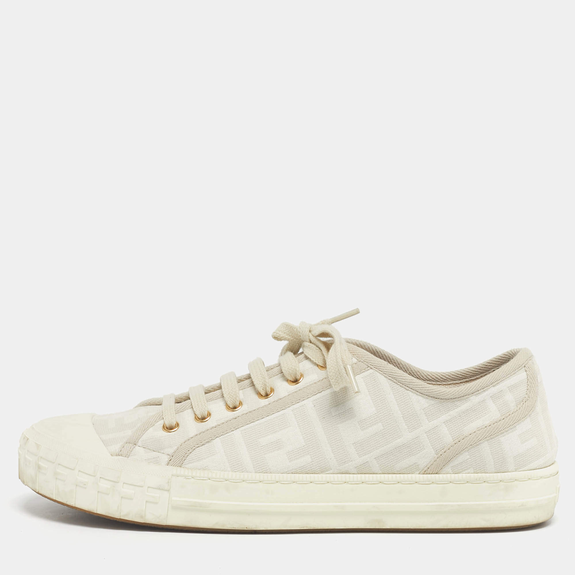 Pre Owned Fendi Cream FF Canvas Domino Lace Up Sneakers Size 40