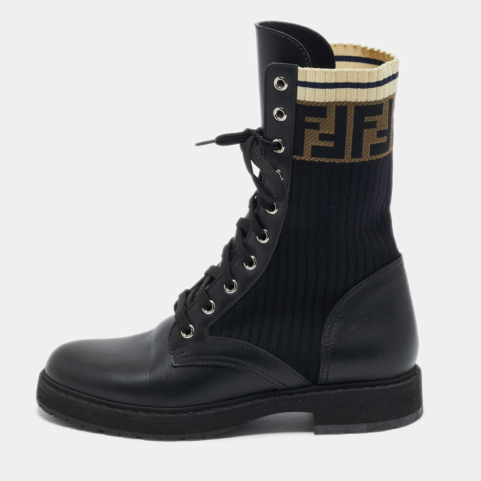 Pre Owned Fendi Black Leather and Zucca Stretch Fabric Rockoko Combat Boots Size 38