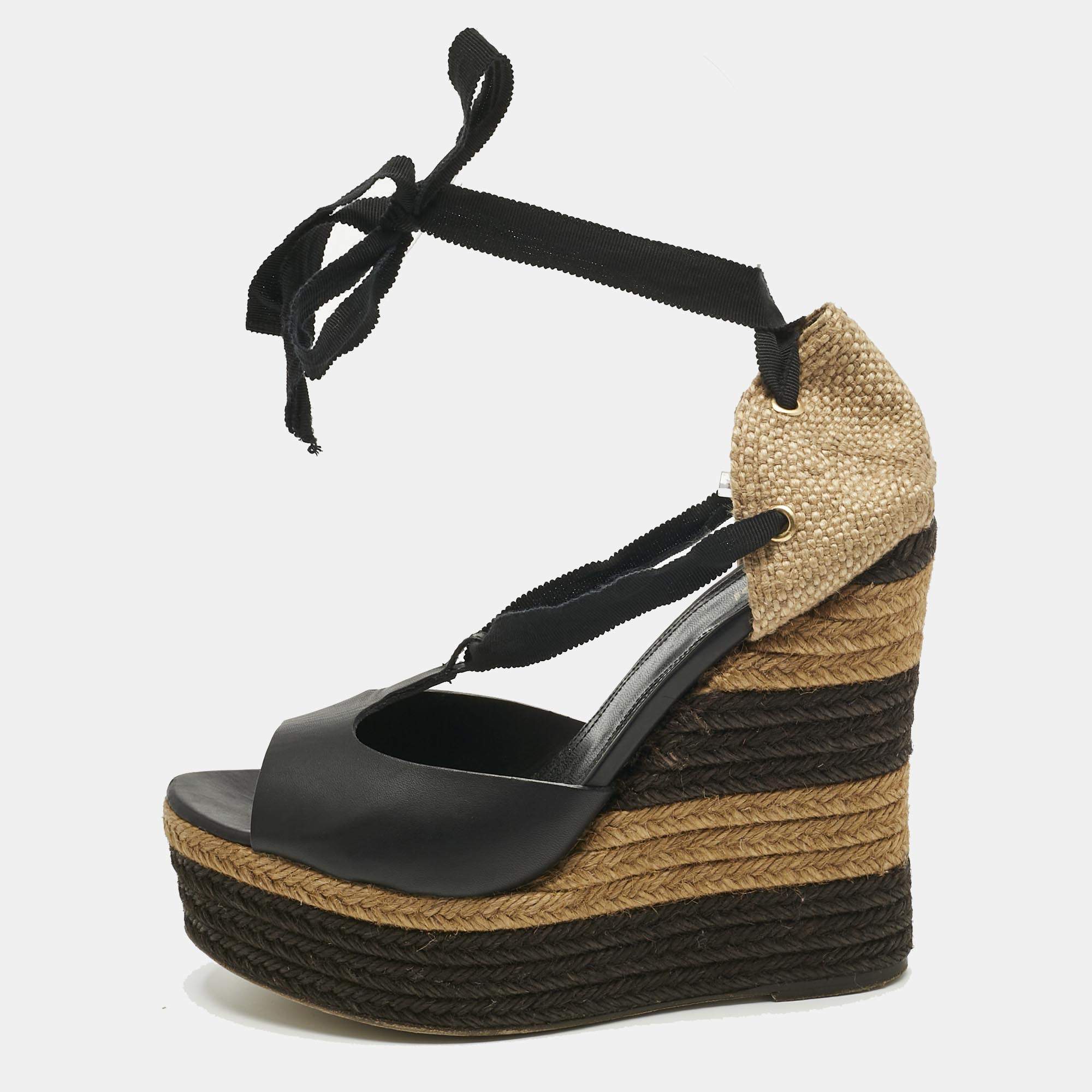 Pre Owned Fendi Black Leather and Straw Ankle Tie Wedge Espadrille Sandals Size 38.5