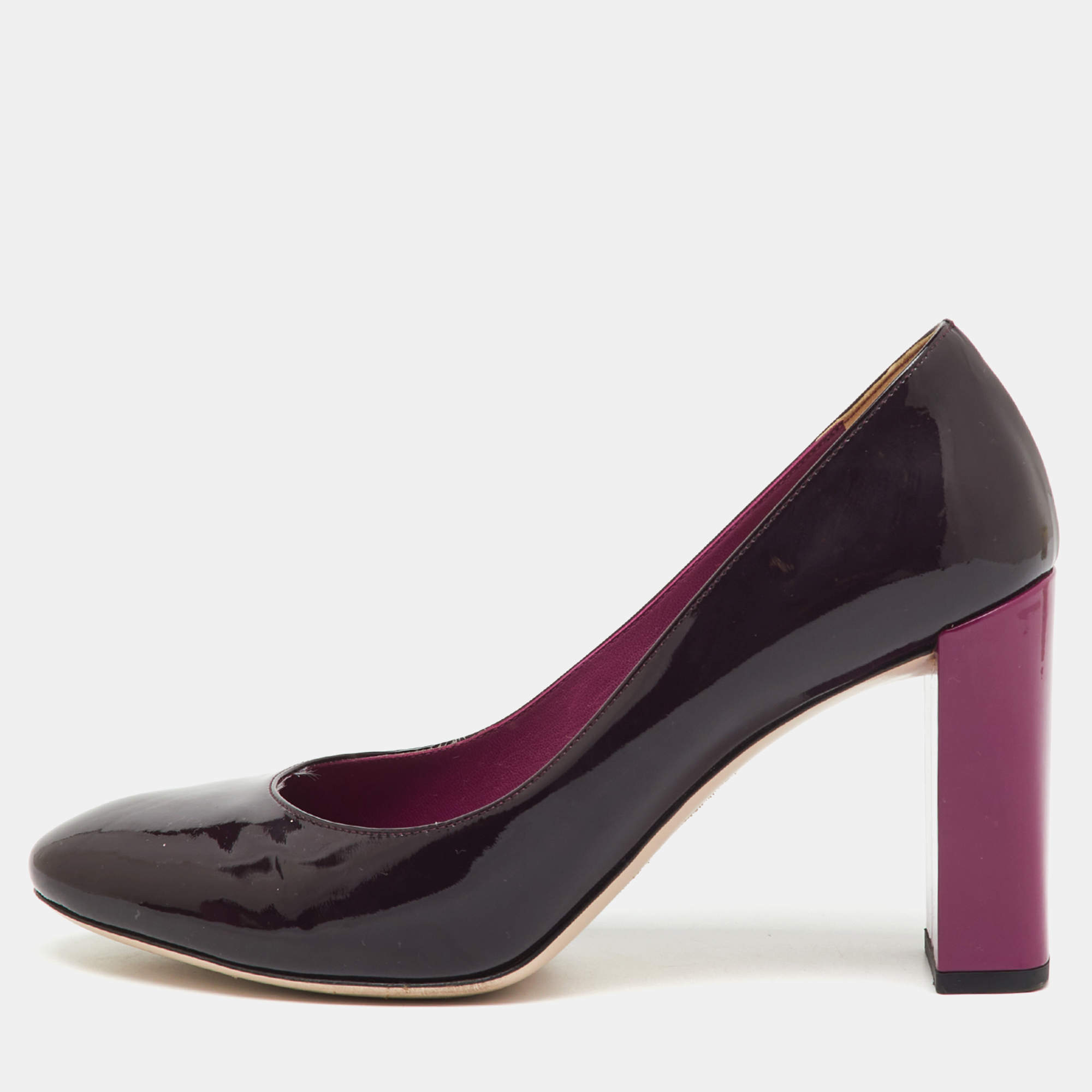 Pre Owned Fendi Dark Purple Patent Leather Round Toe Block Heel Pumps Size 39
