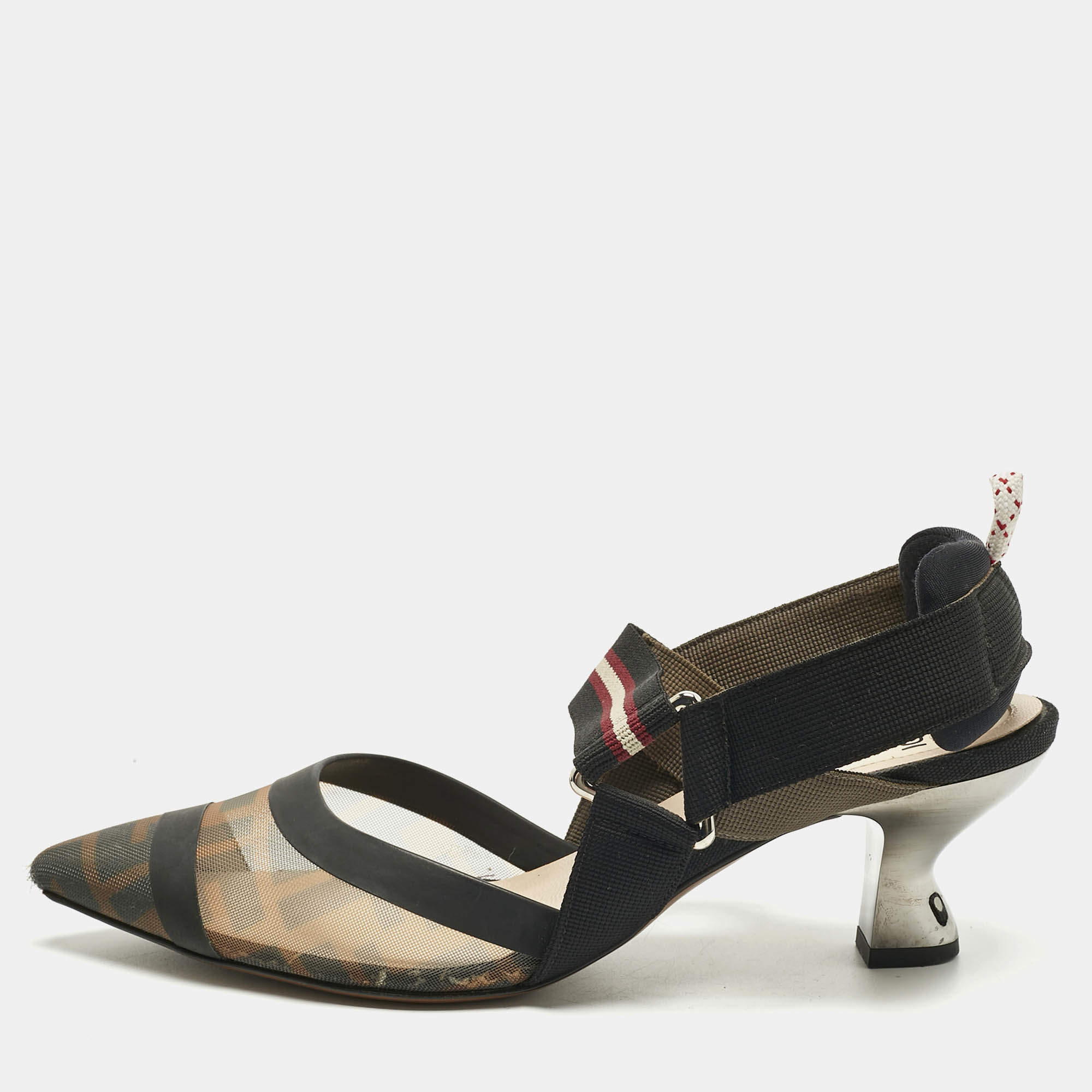 Pre Owned Fendi Black Canvas and Mesh Colibri Pumps Size 37