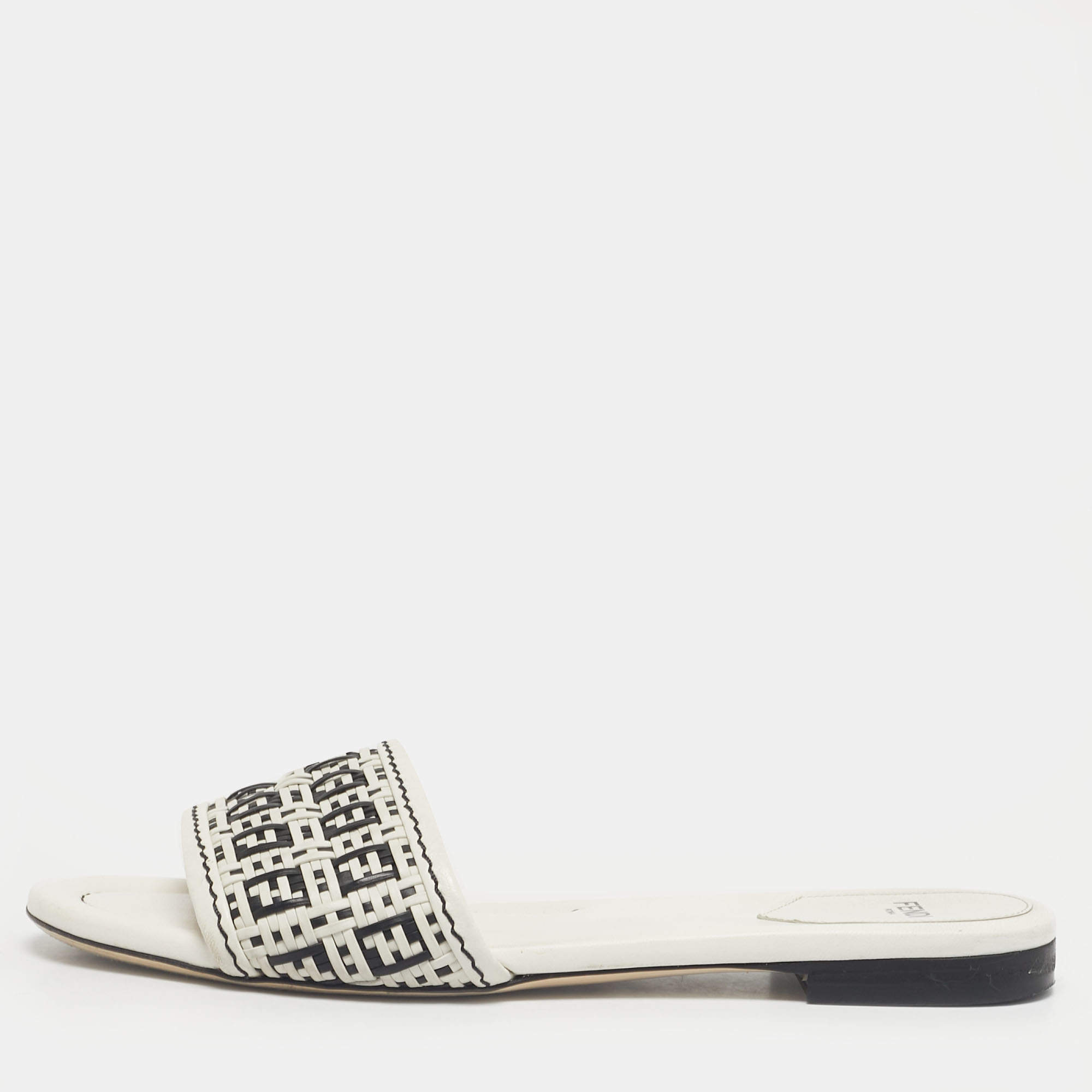 Pre Owned Fendi White Woven Leather Flat Slide Size 38