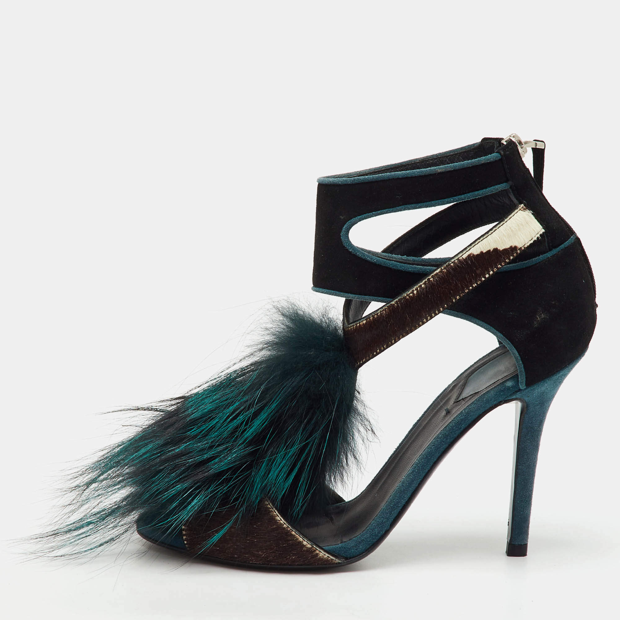 Pre Owned Fendi Multicolor Suede, Calf Hair and Mink Fur Ankle Strap Sandals Size 38