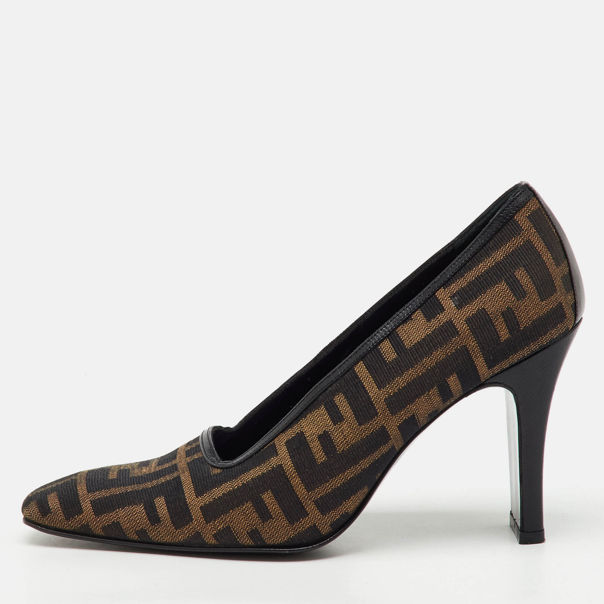 Pre Owned Fendi Brown/Black Zucca Canvas and Leather Pumps Size 36.5