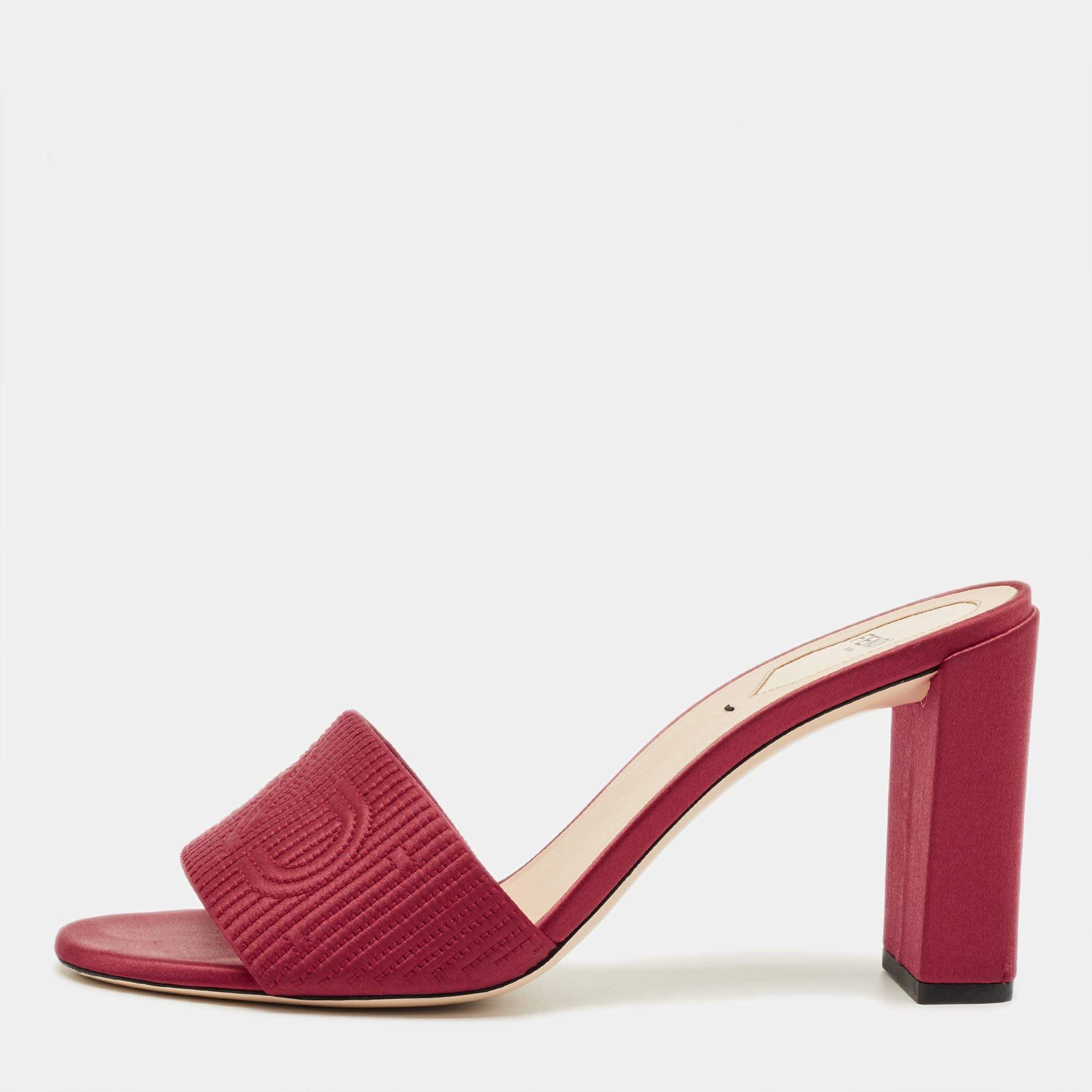 Pre Owned Fendi Red Satin Logo Embroidered Block Heel Slide Mules Size 40