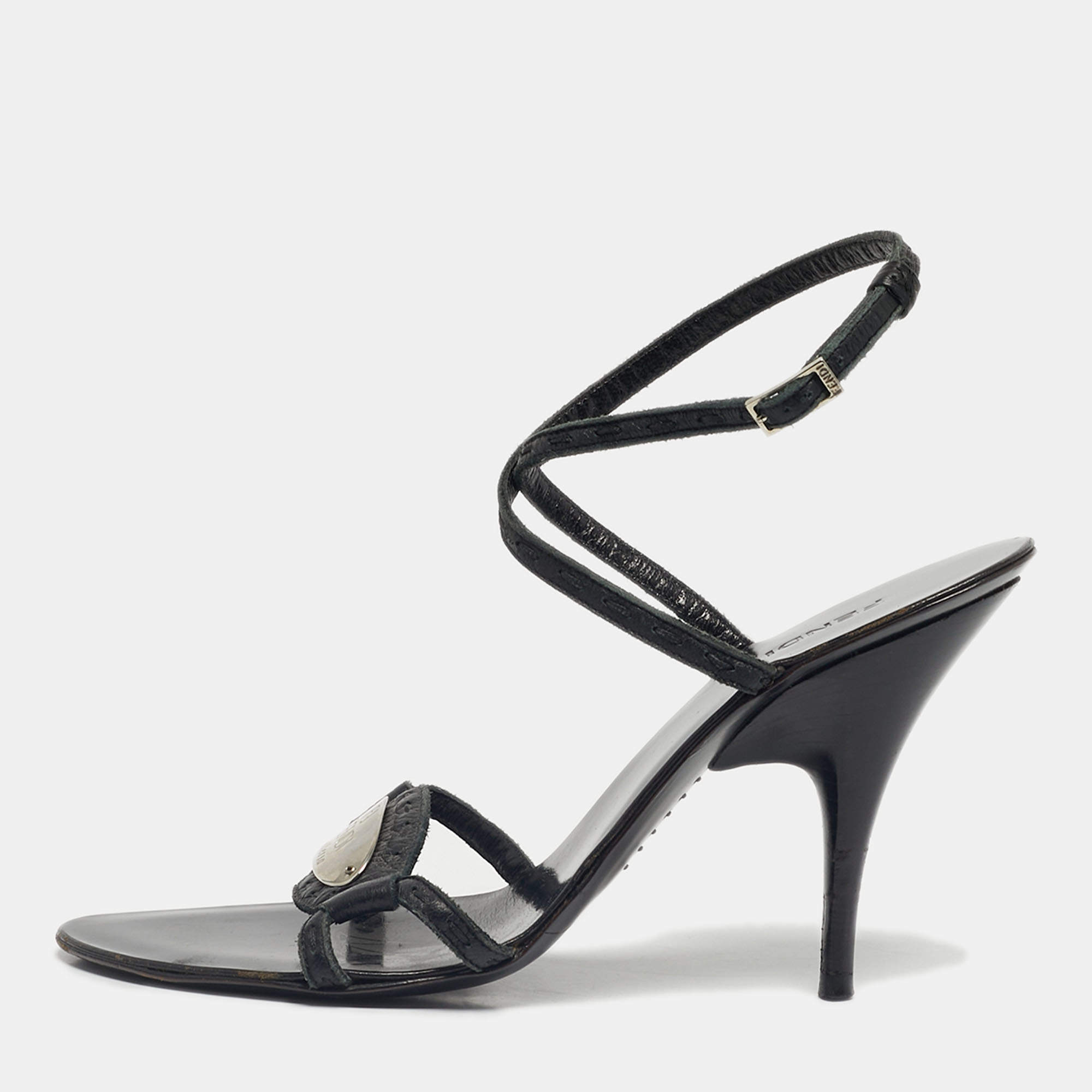 Pre Owned Fendi Black Leather Buckle Detail Ankle Strap Sandals Size 36.5