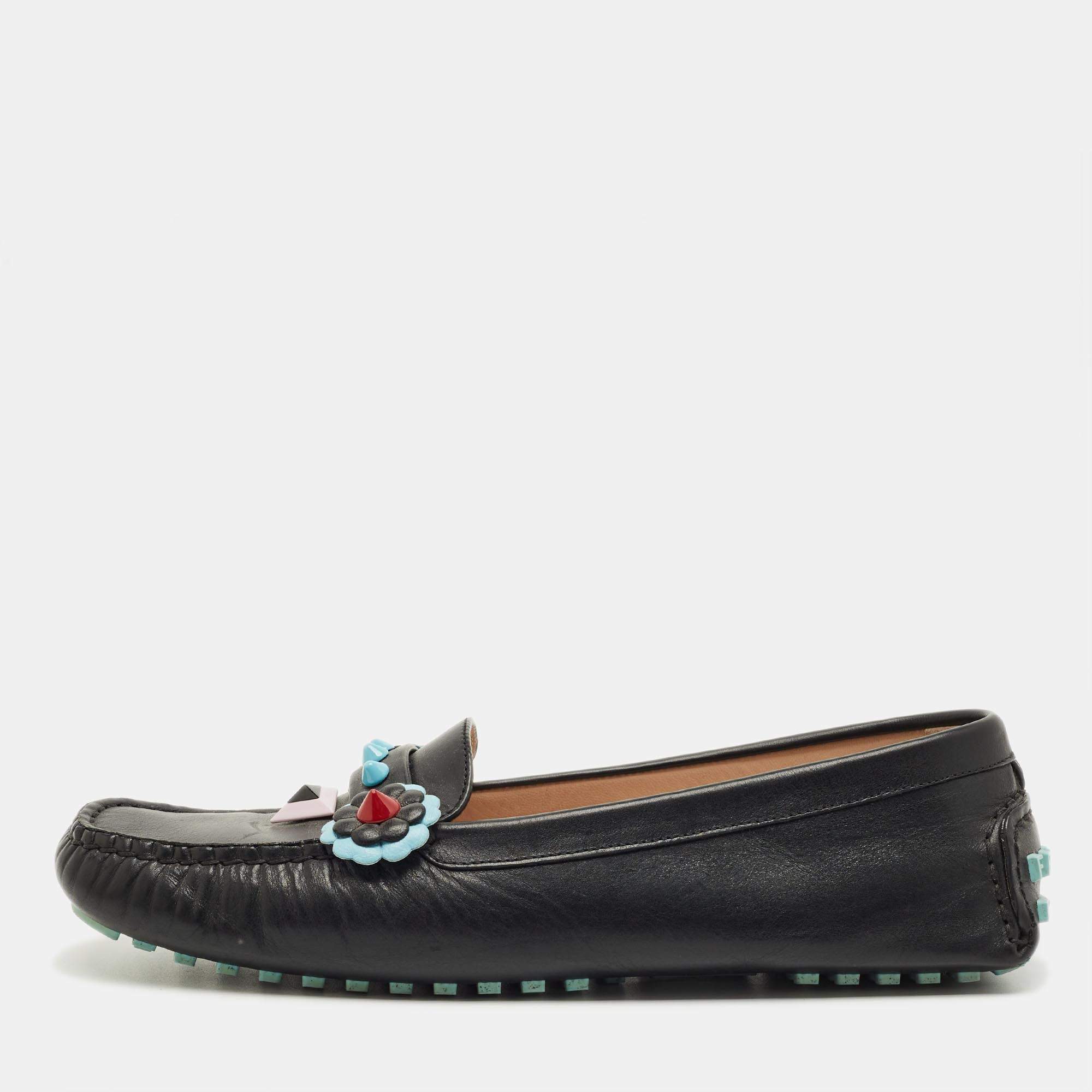 Pre Owned Fendi Black Leather Studded Flowerland Loafers Size 40